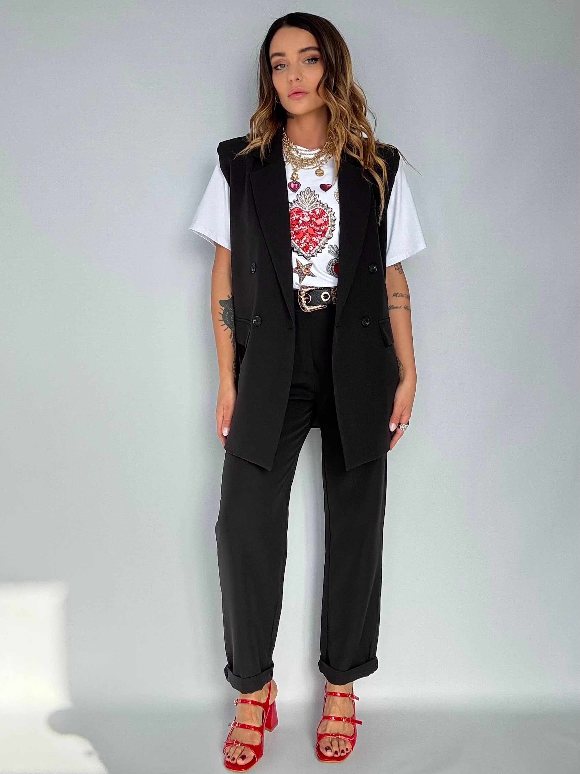 Completo Gilet Over e Pantaloni Pinces - Nero