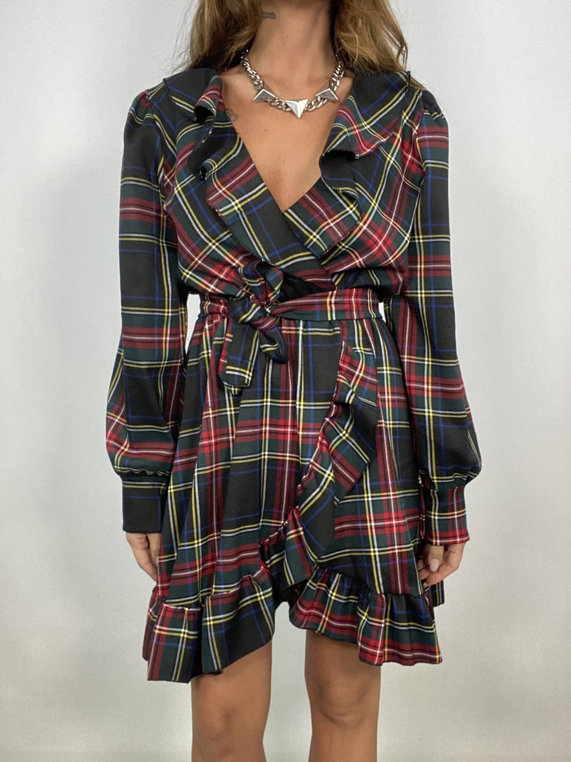 Mini Dress Tartan Con Volant - Nero