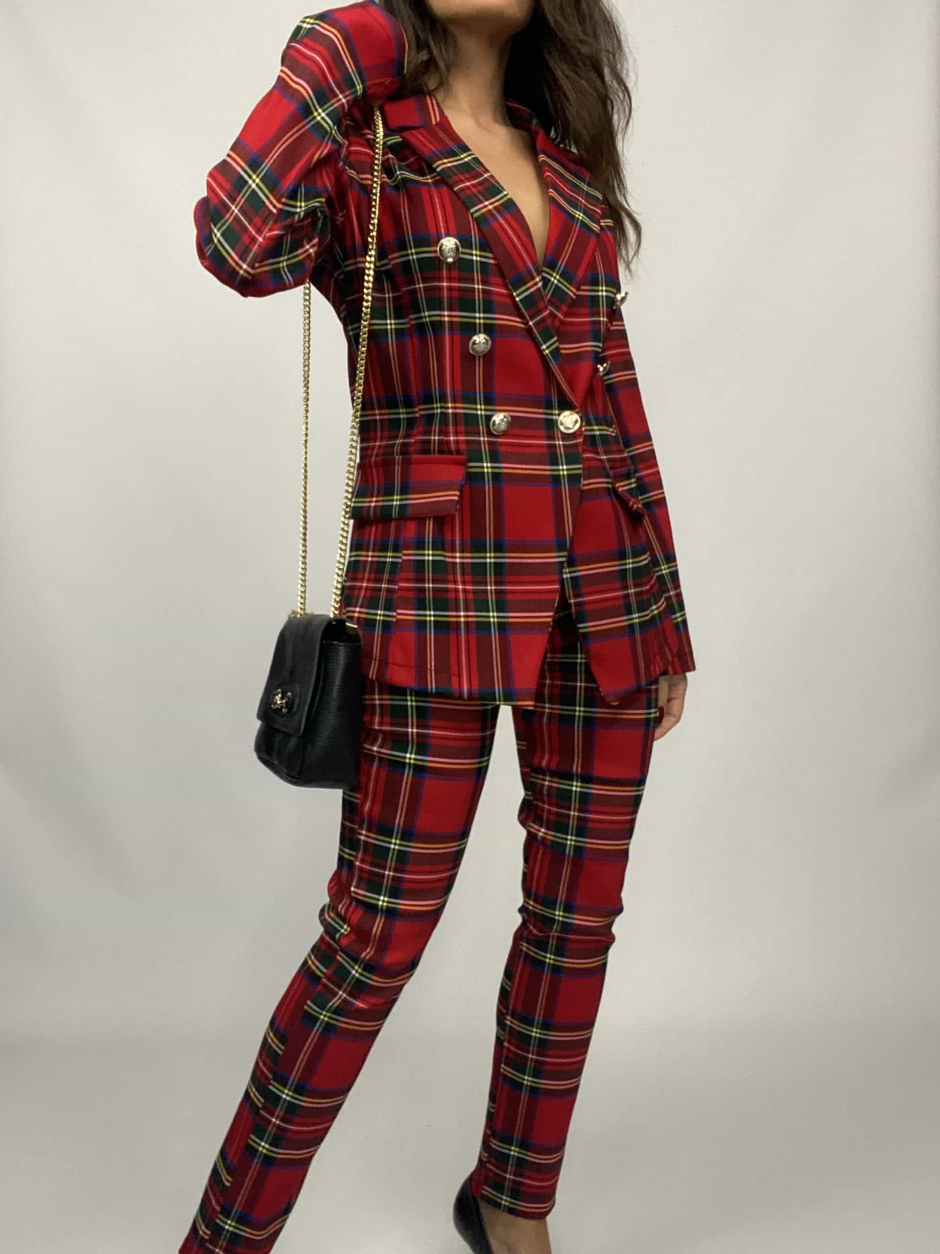 Blazer Tartan Bottoni Gioiello - Rosso