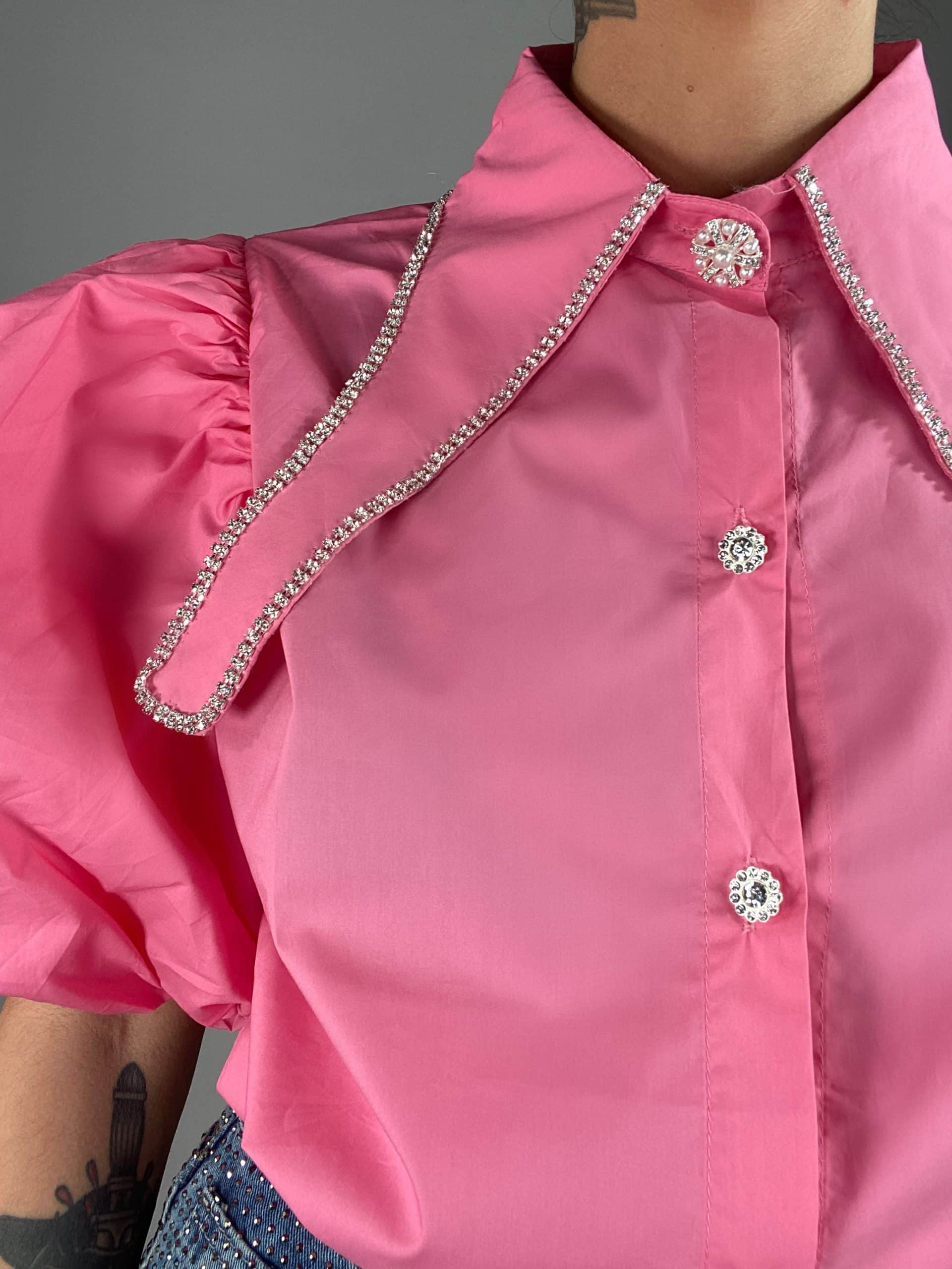 Camicia Maniche Palloncino Maxi Colletto con Strass - Rosa
