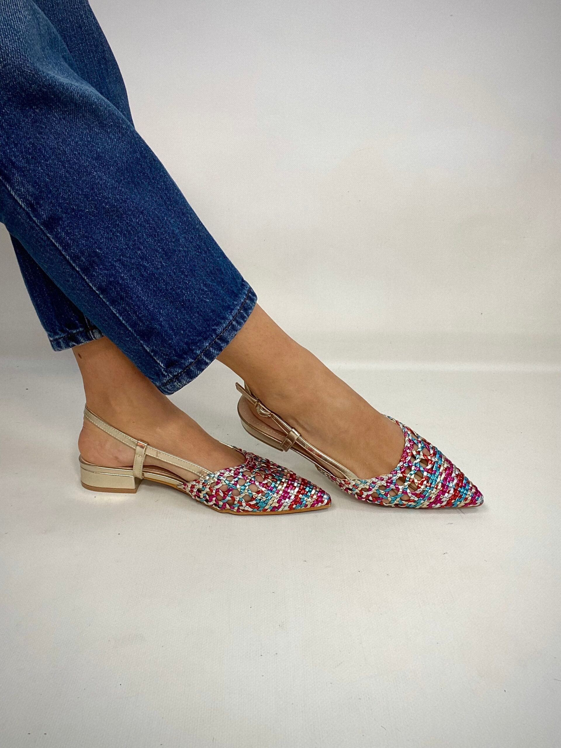New Slingback Flat Rafia - Multicolor Verde / Fucsia