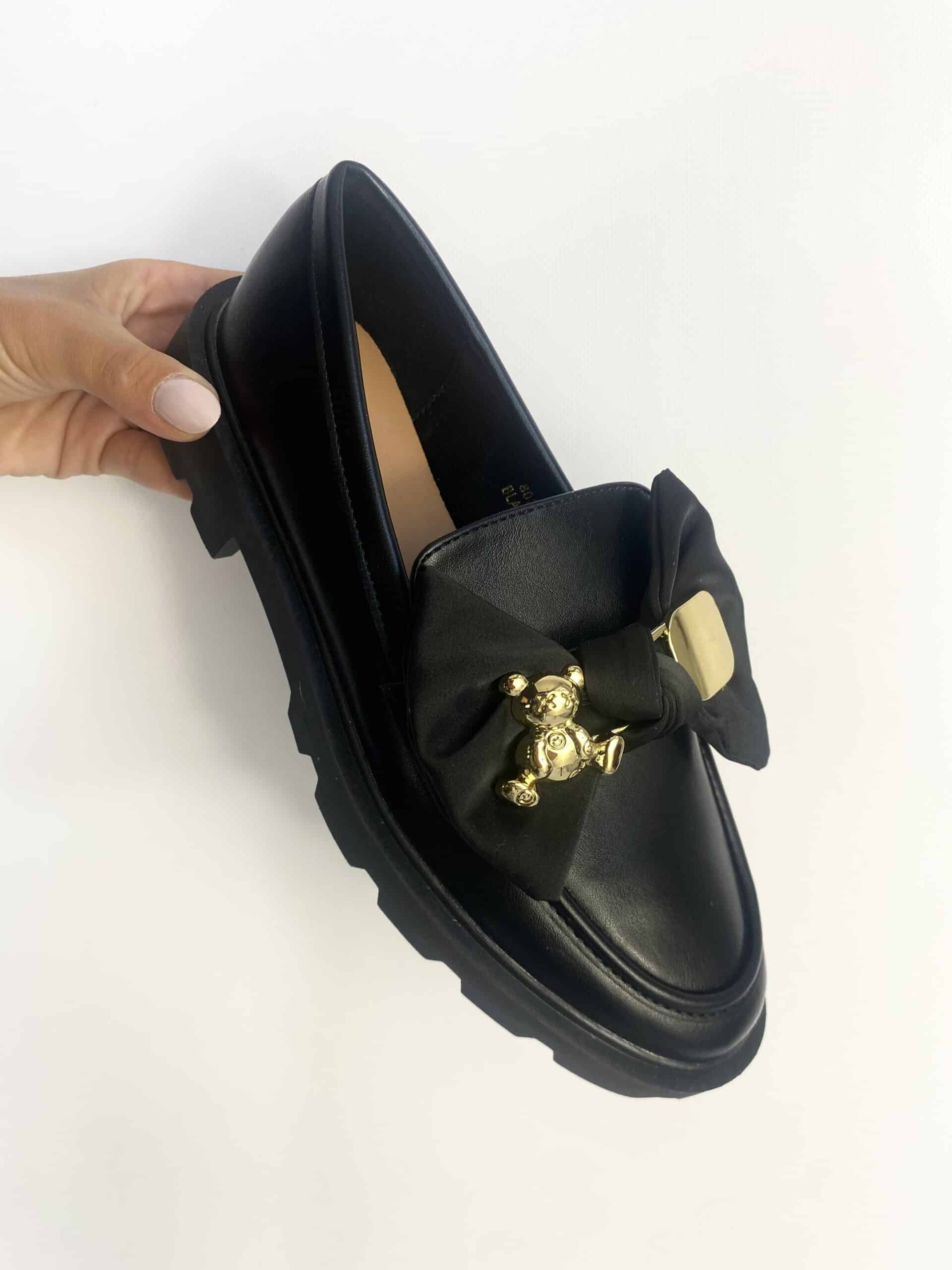 Mocassino Platform con Fiocco ed Orsetto -Nero