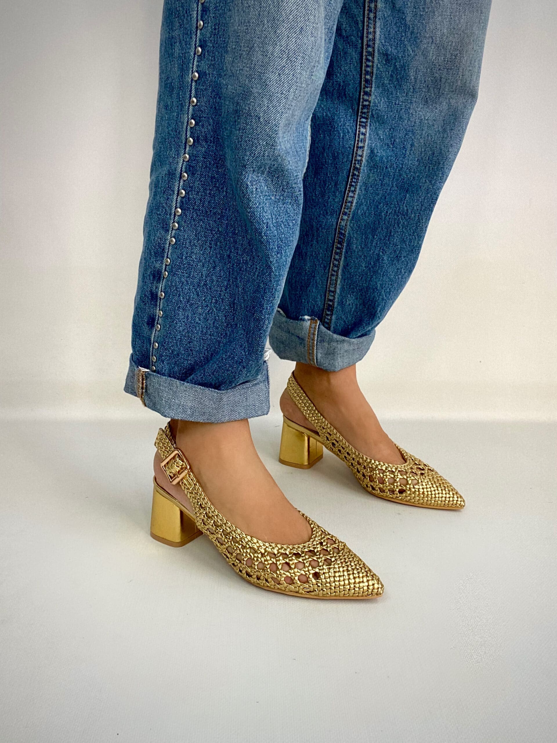 Slingback Rafia Comfort Medium Heels- Oro