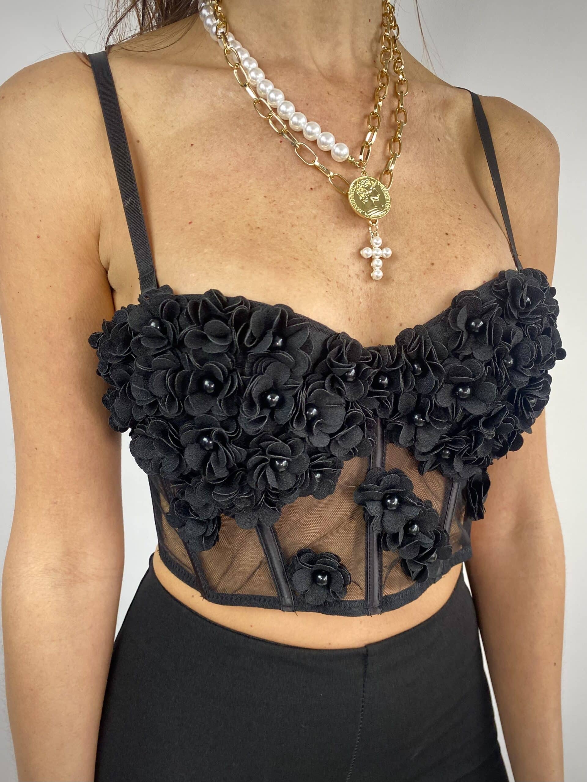 Corsetto Fiori e Perle con Coppe Imbottite - Nero