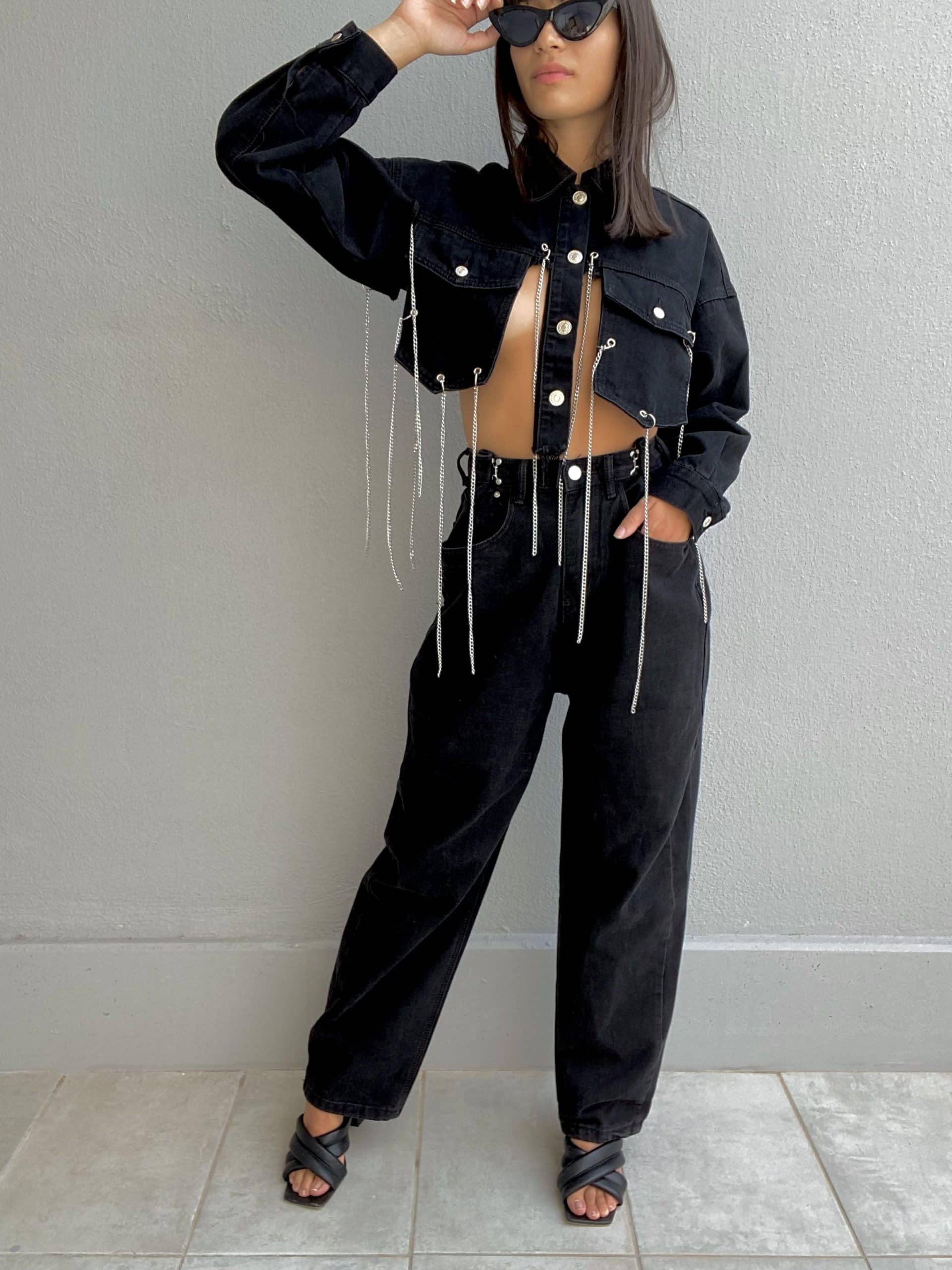 Giacca Jeans Super Crop con Catene - Denim