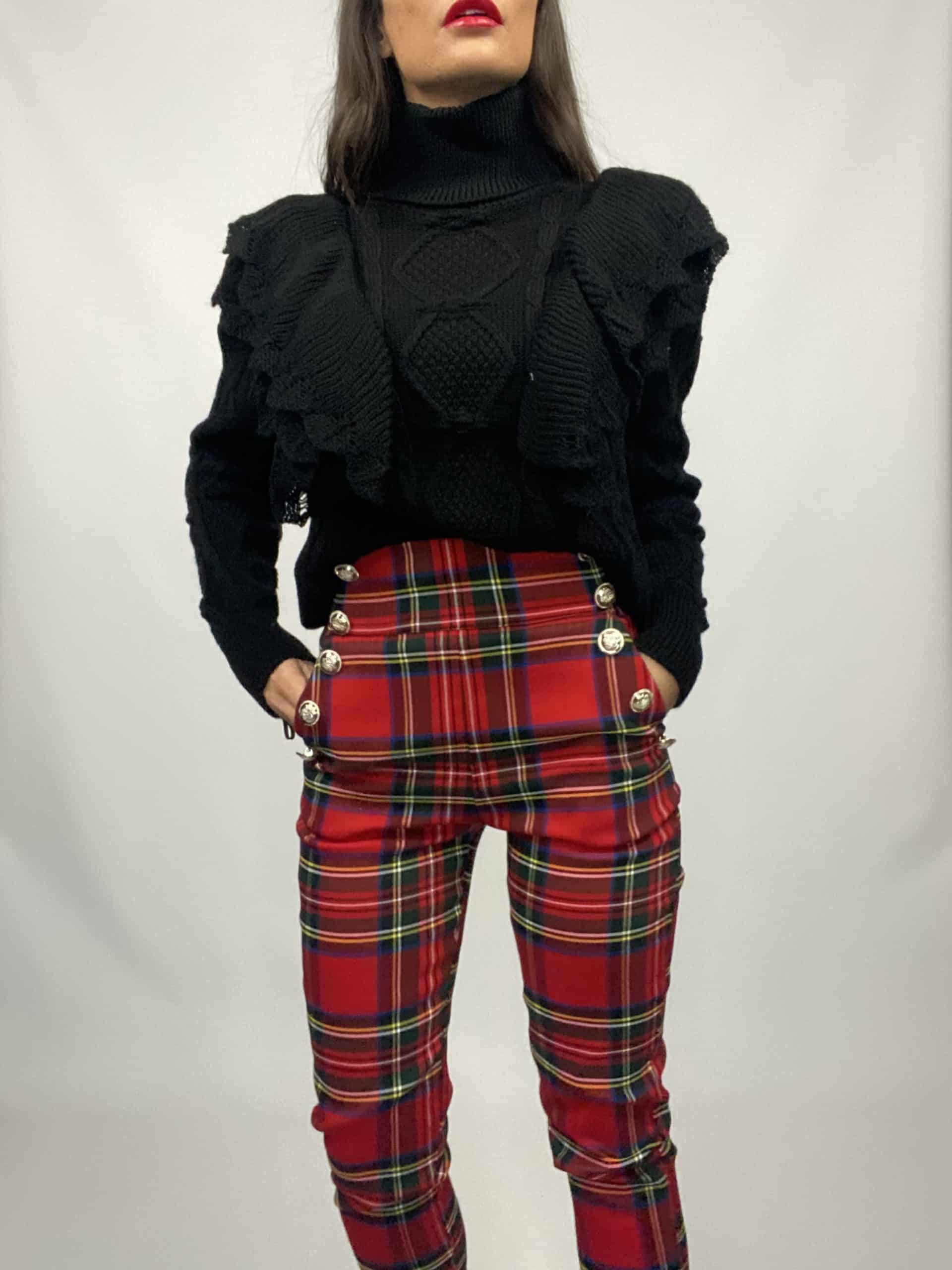 Pantaloni Tartan Bottoni Gioiello - Rosso