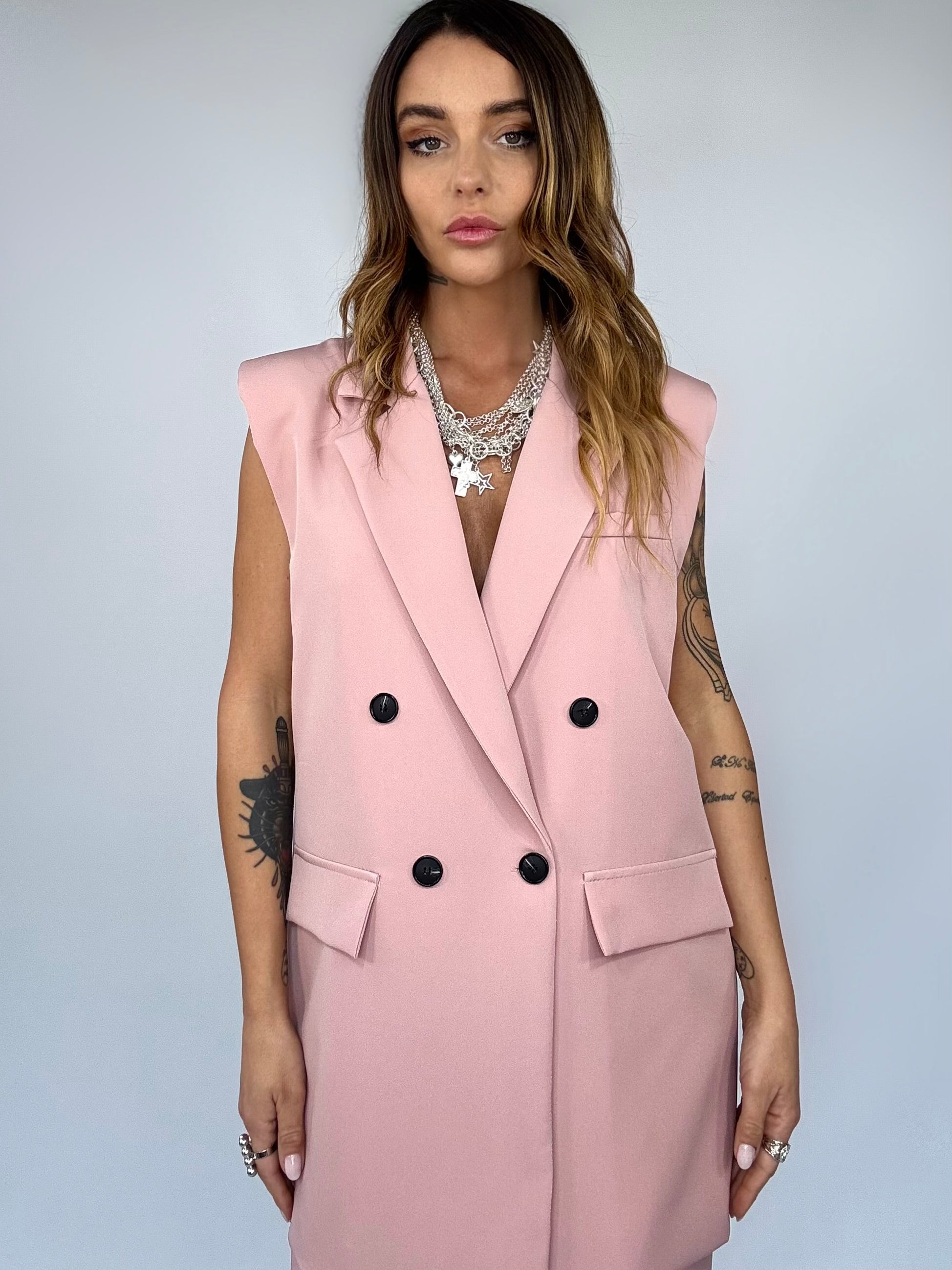 Completo Gilet Over e Pantaloni Pinces - Rosa Antico