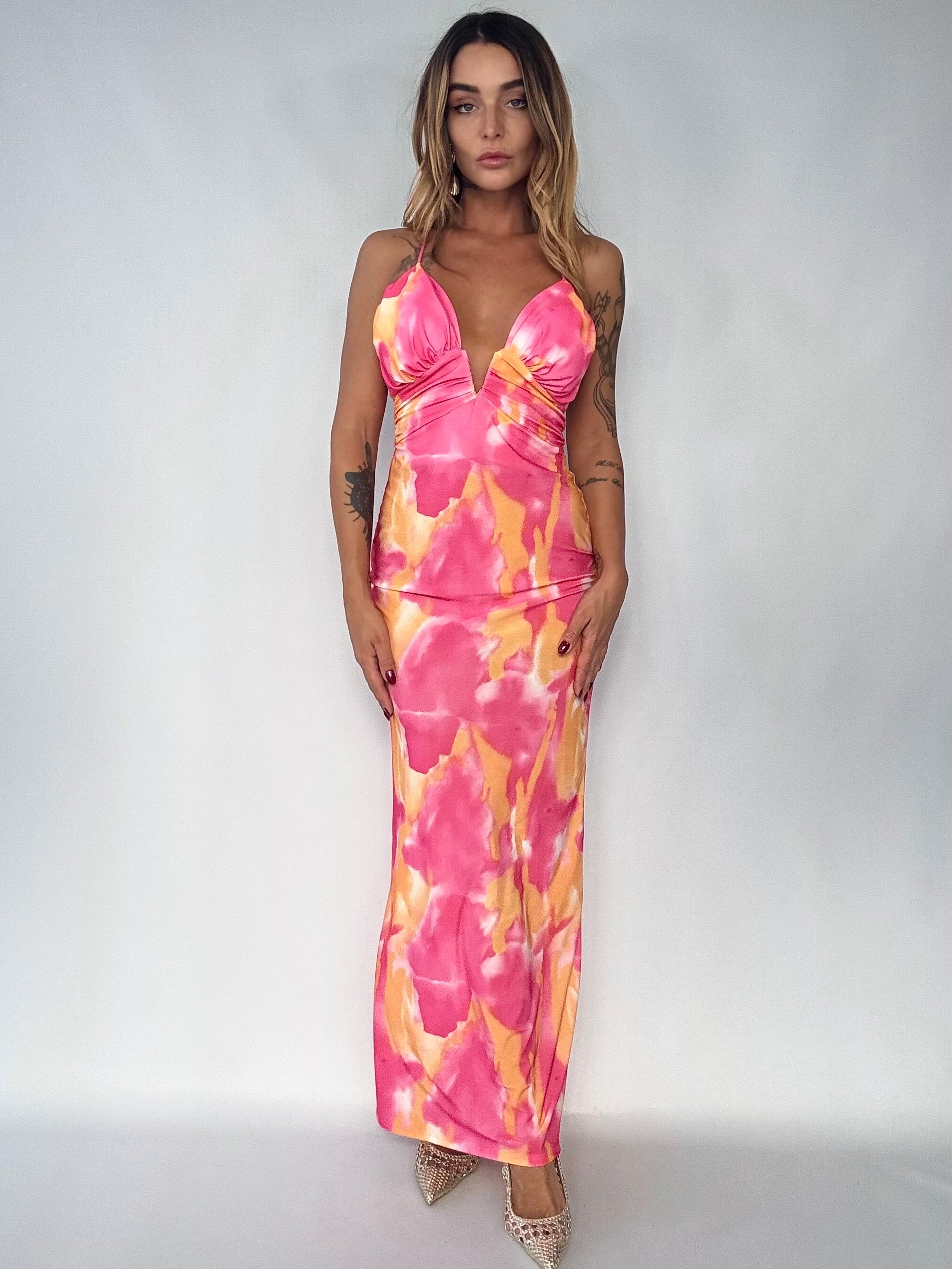 Maxi Dress Shadow Vneck - Rosa / Giallo