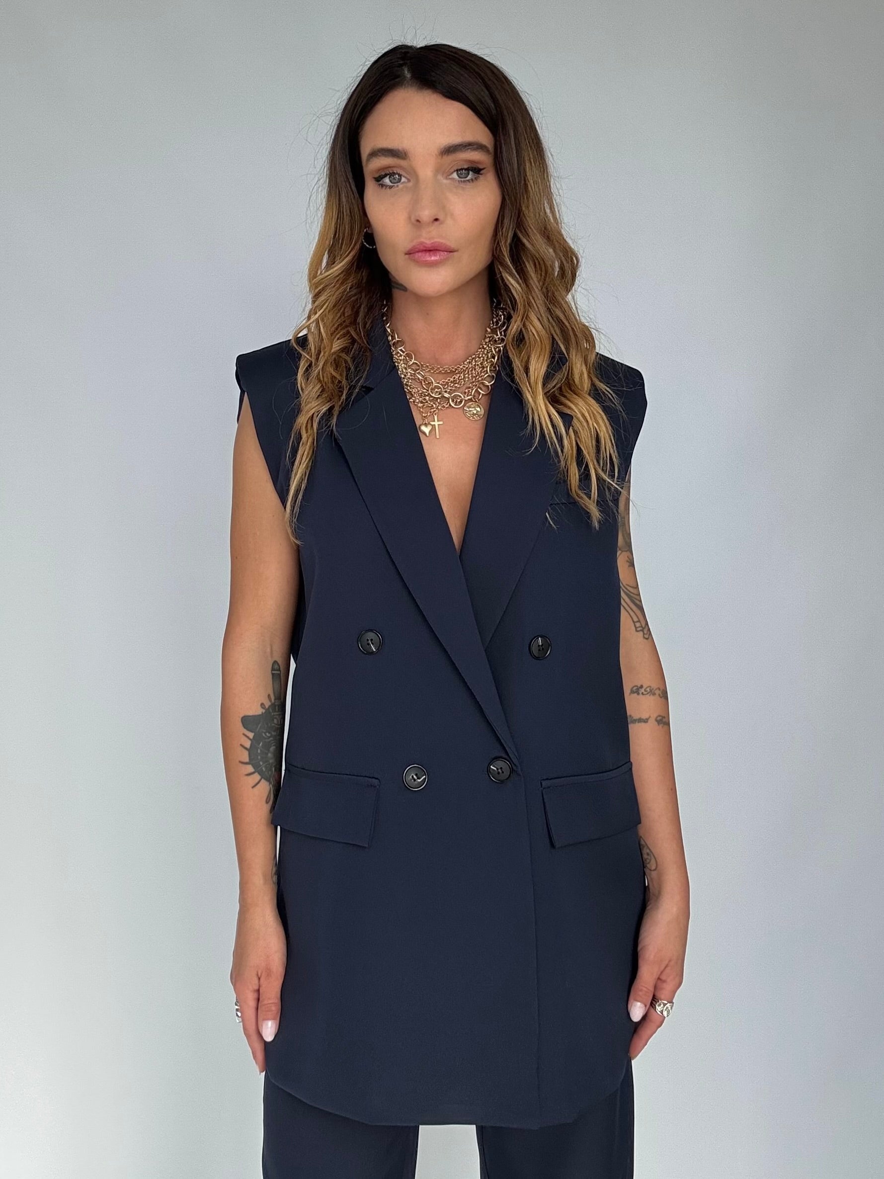 Completo Gilet Over e Pantaloni Pinces - Blu Navy