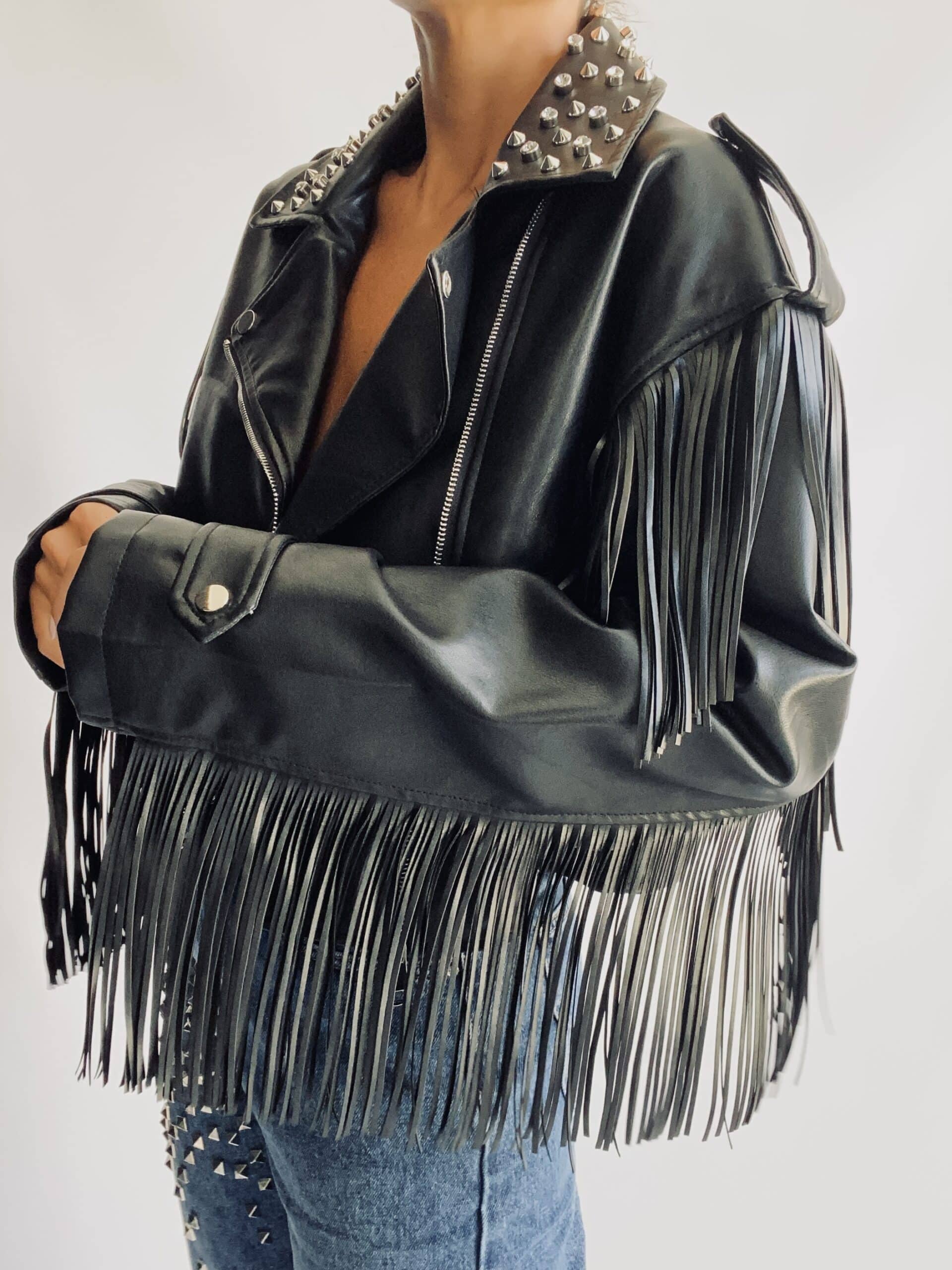Chiodo Eco Pelle Crop con Frange e Borchie  - Nero