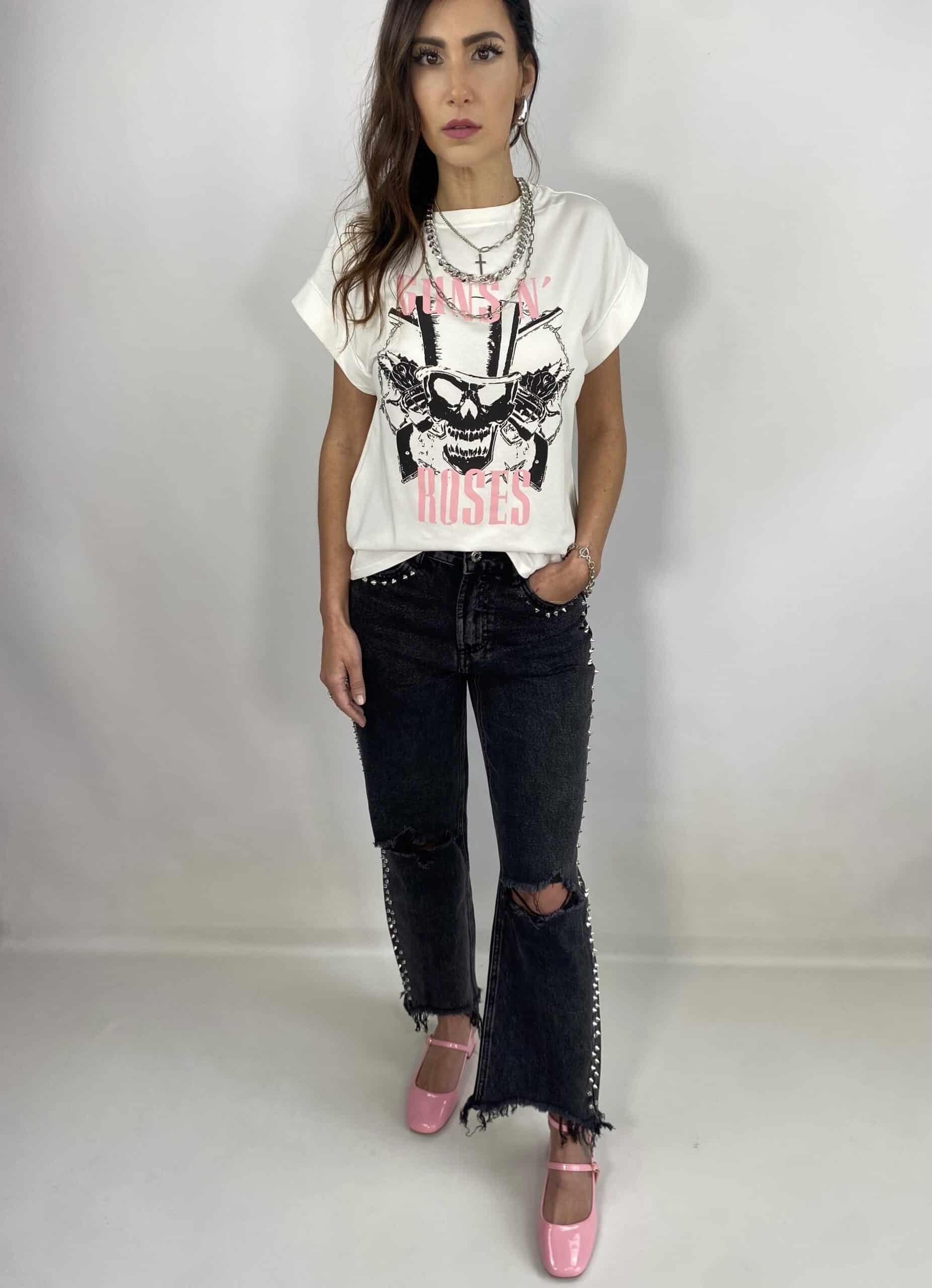 Jeans Straight con Borchie e Strappi  - Nero Slavato