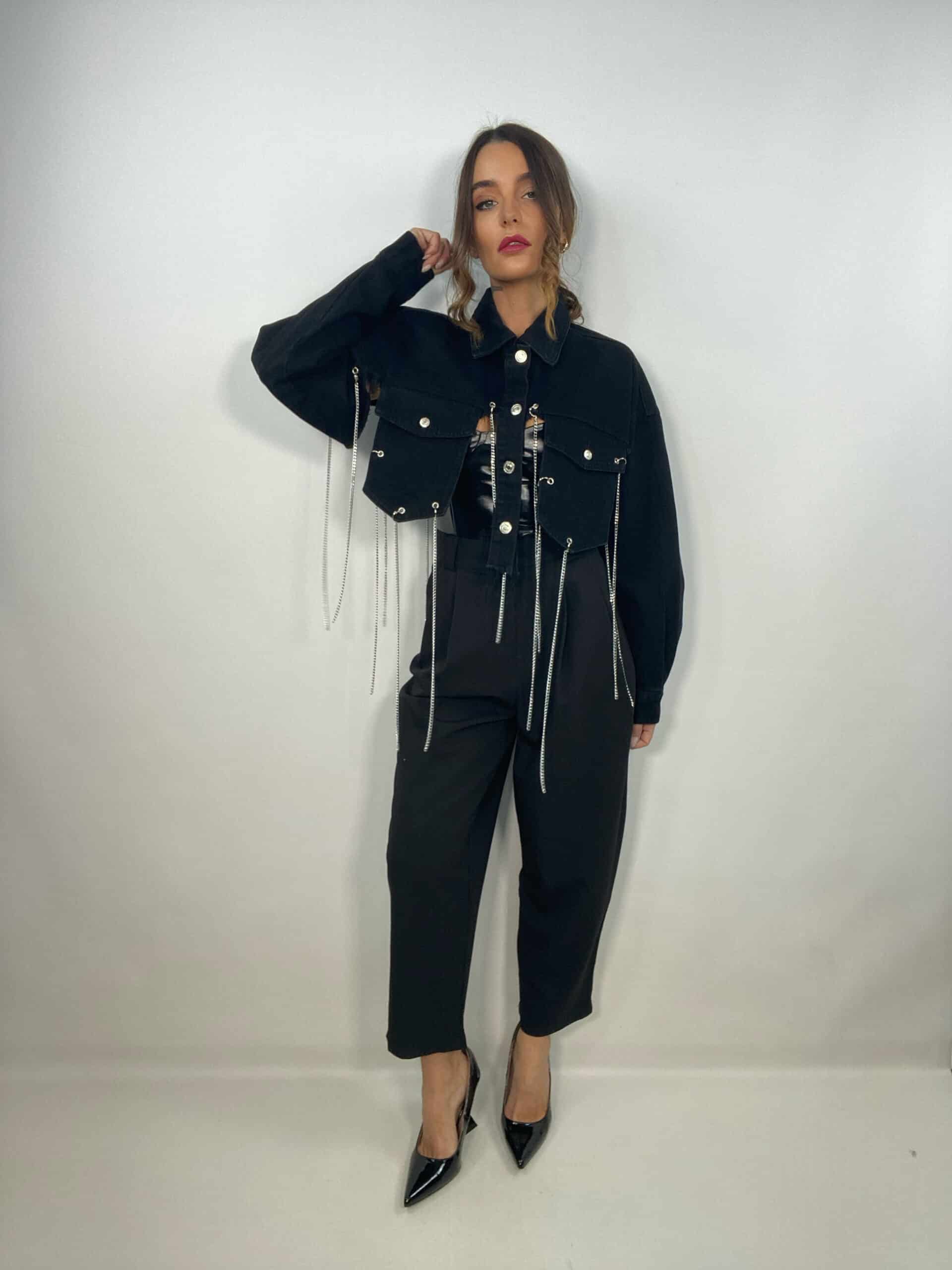 Giacca Jeans Super Crop con Catene - Nero