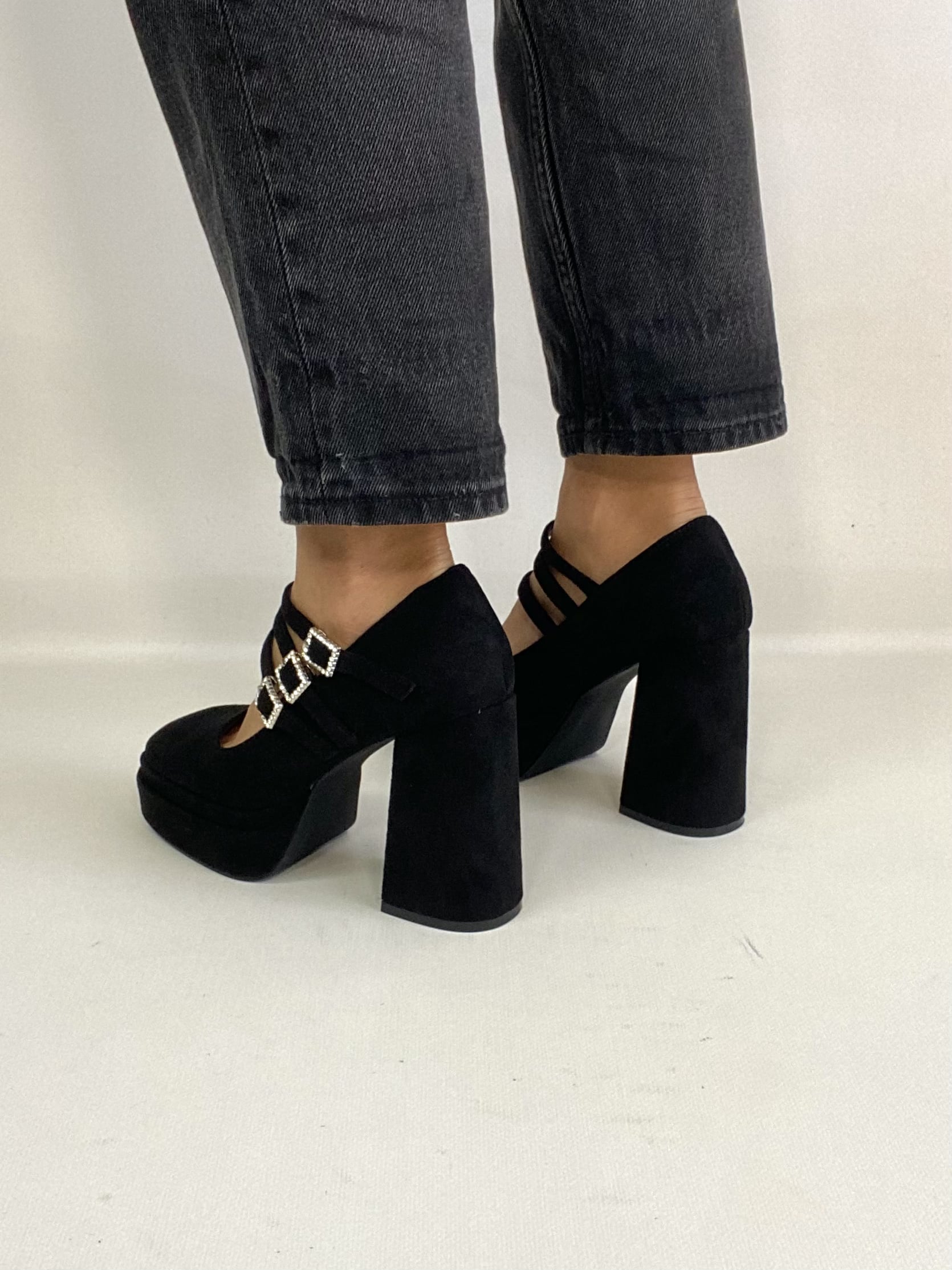 Mary Jane Tre Cinturini Strass - Camoscio Nero