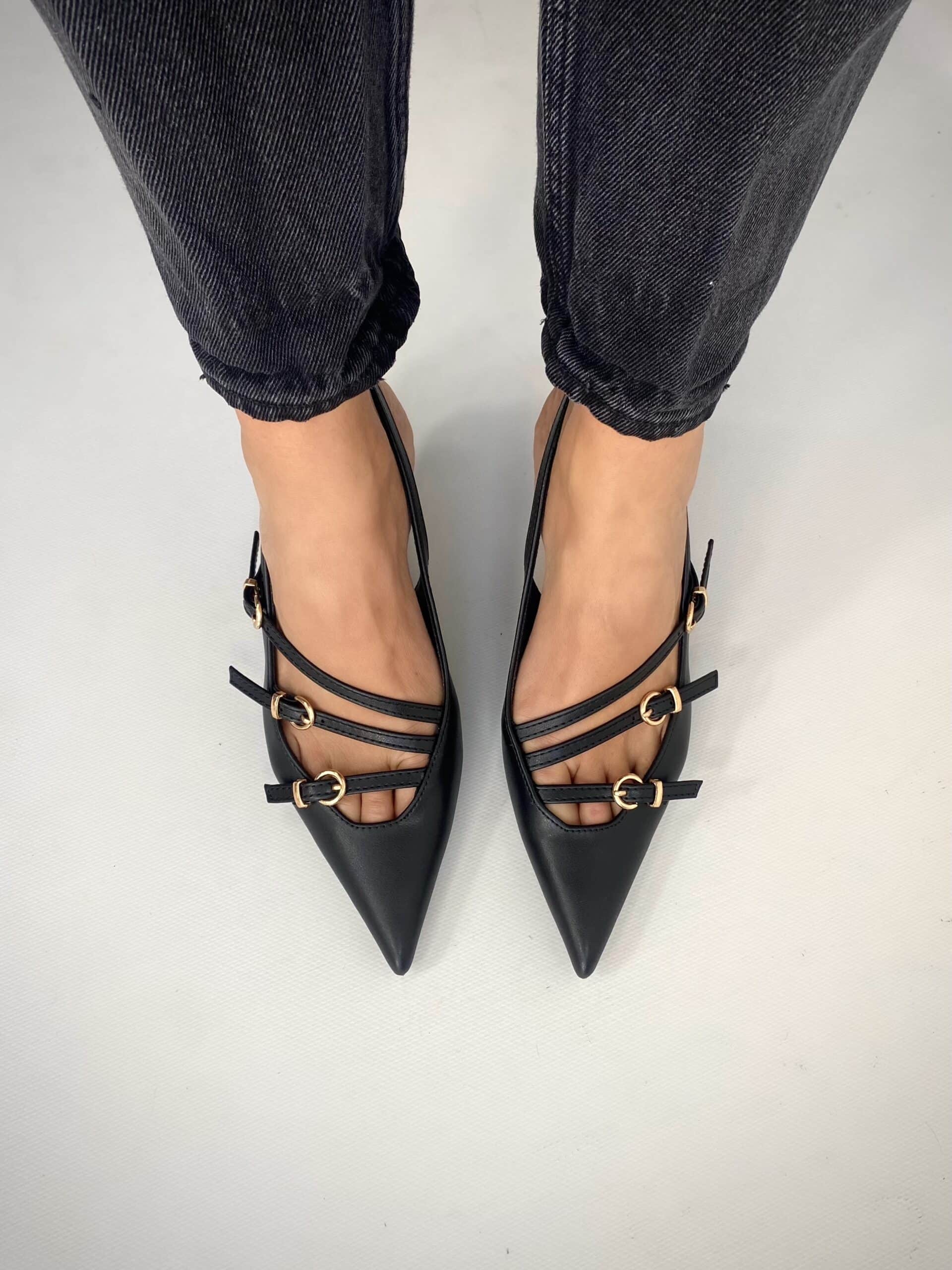 New Slingback con Cinturini e Fibbie Tacco Medio - Nero Opaco.