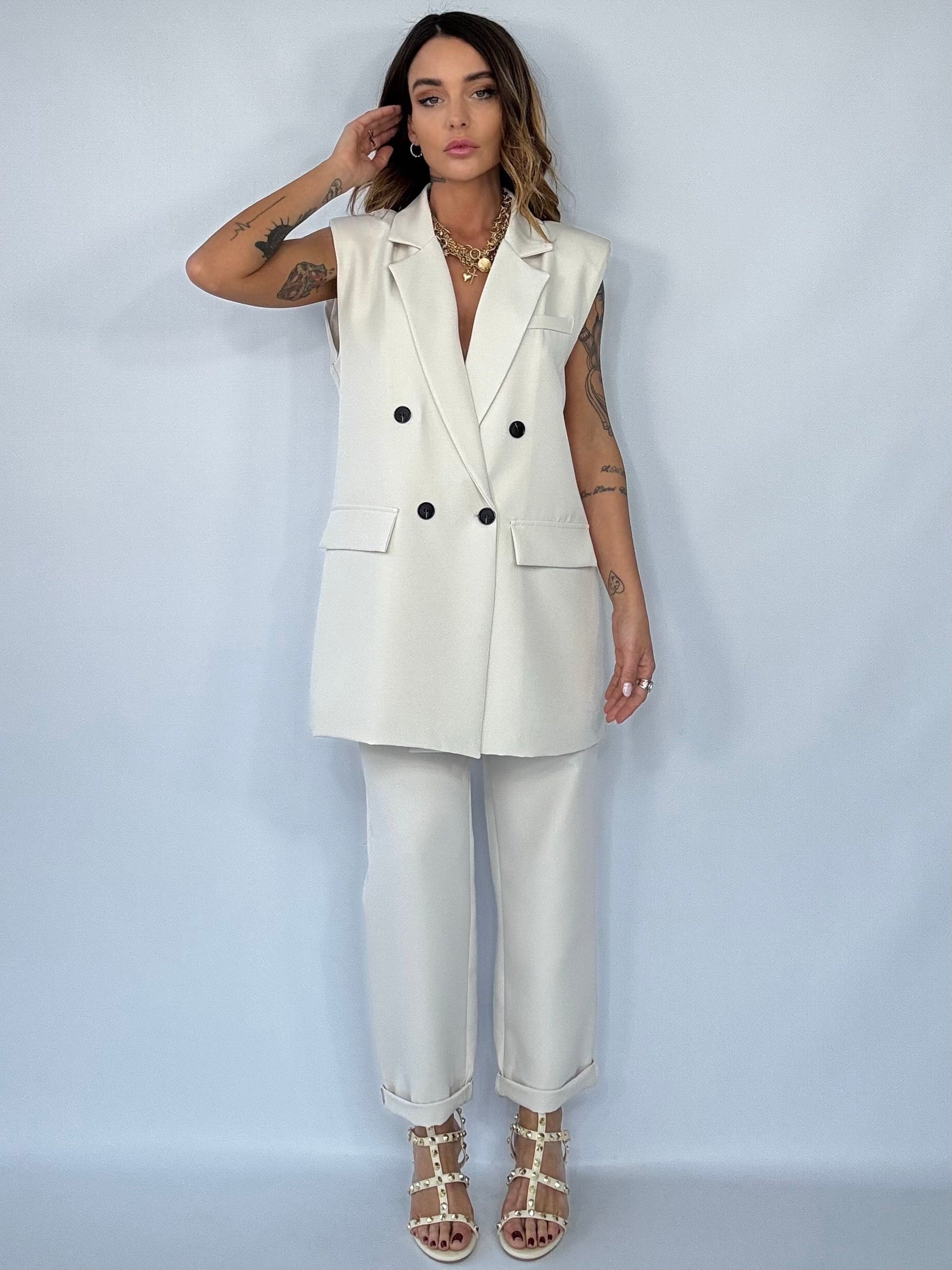Completo Gilet Over e Pantaloni Pinces - Bianco Panna