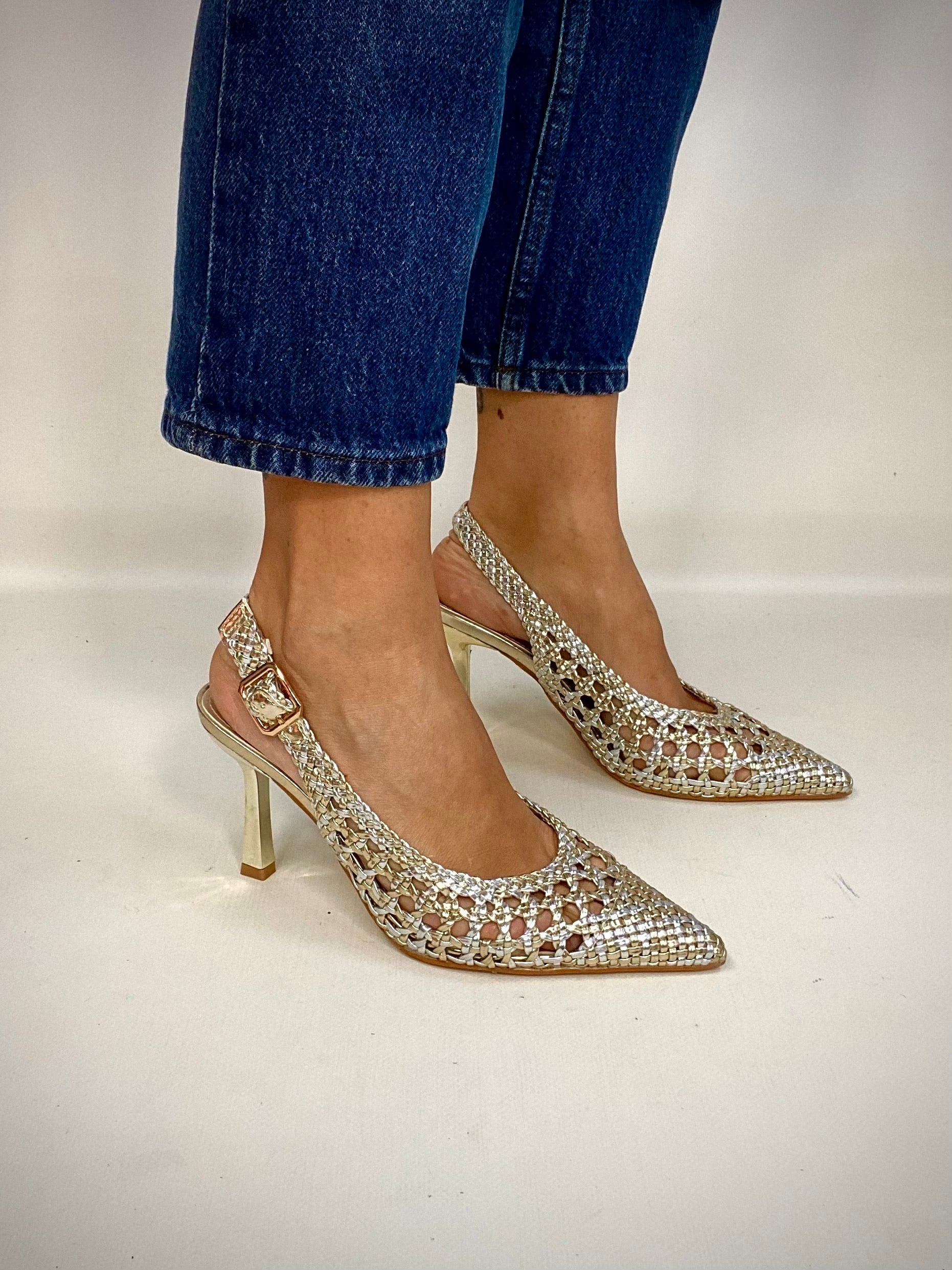 Slingback Rafia Medium Heels - Argento / Oro