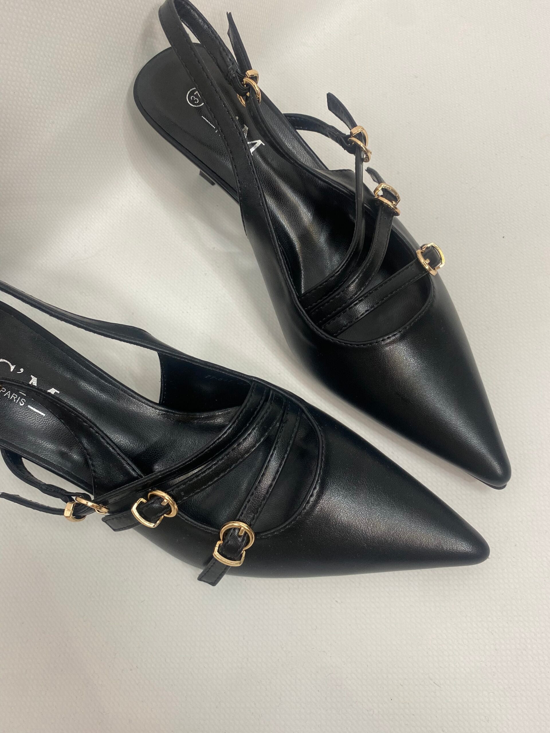 Slingback con Cinturini e Fibbie Tacco Medio - Nero Opaco