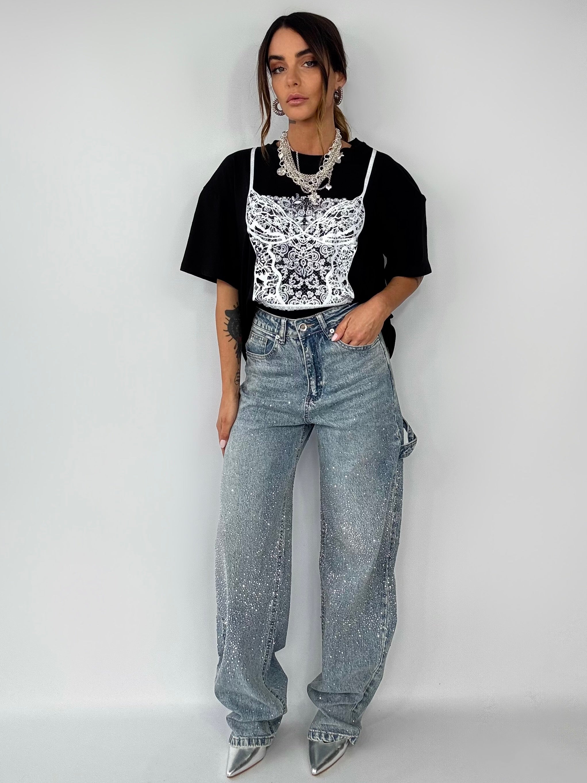 T-shirt Super Over Spalline Corsetto - Nero