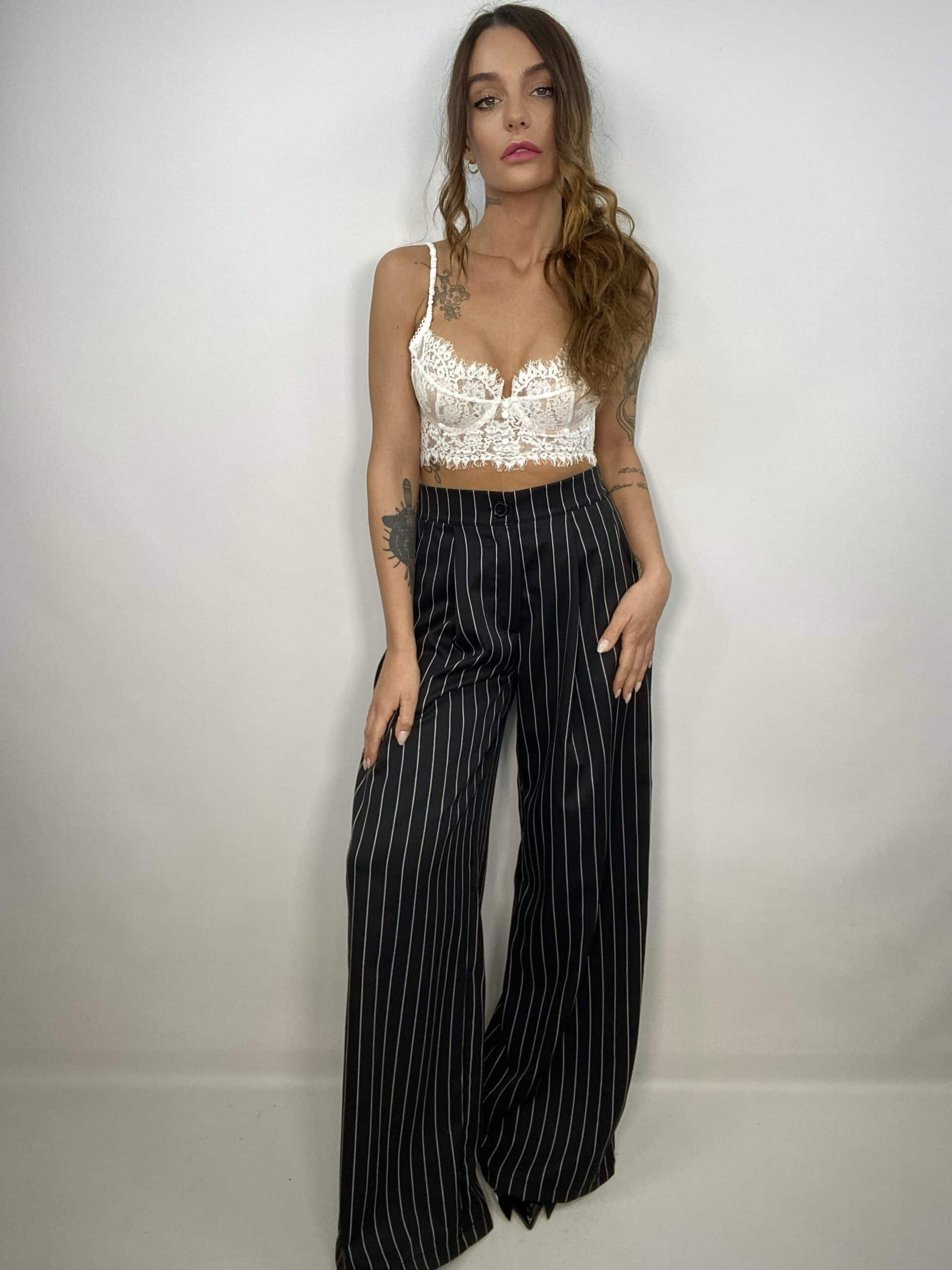 Completo Gessato Doppio Petto Pantaloni Ampi - Nero