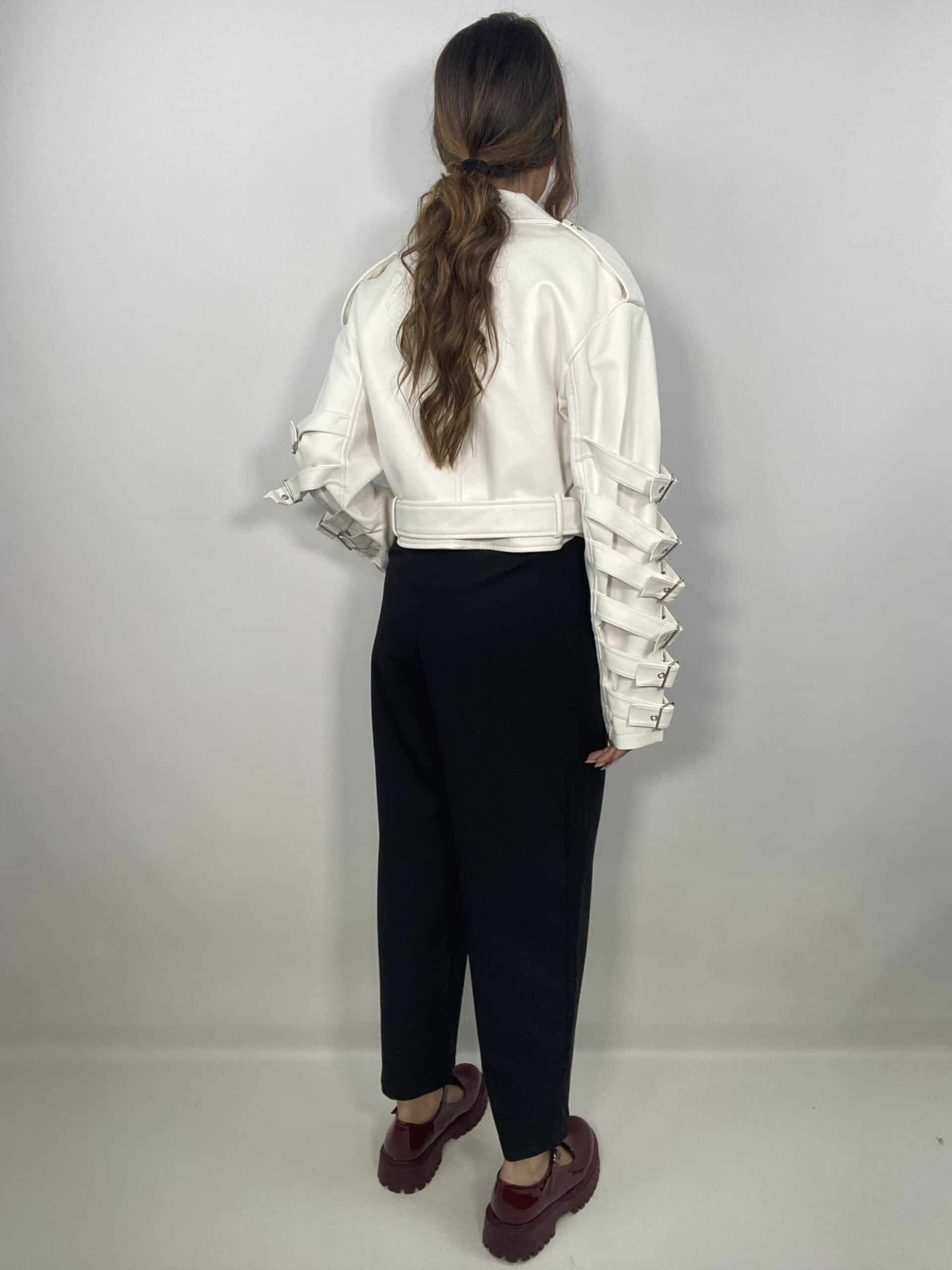 Chiodo Eco Pelle Crop con Fibbie  - Bianco