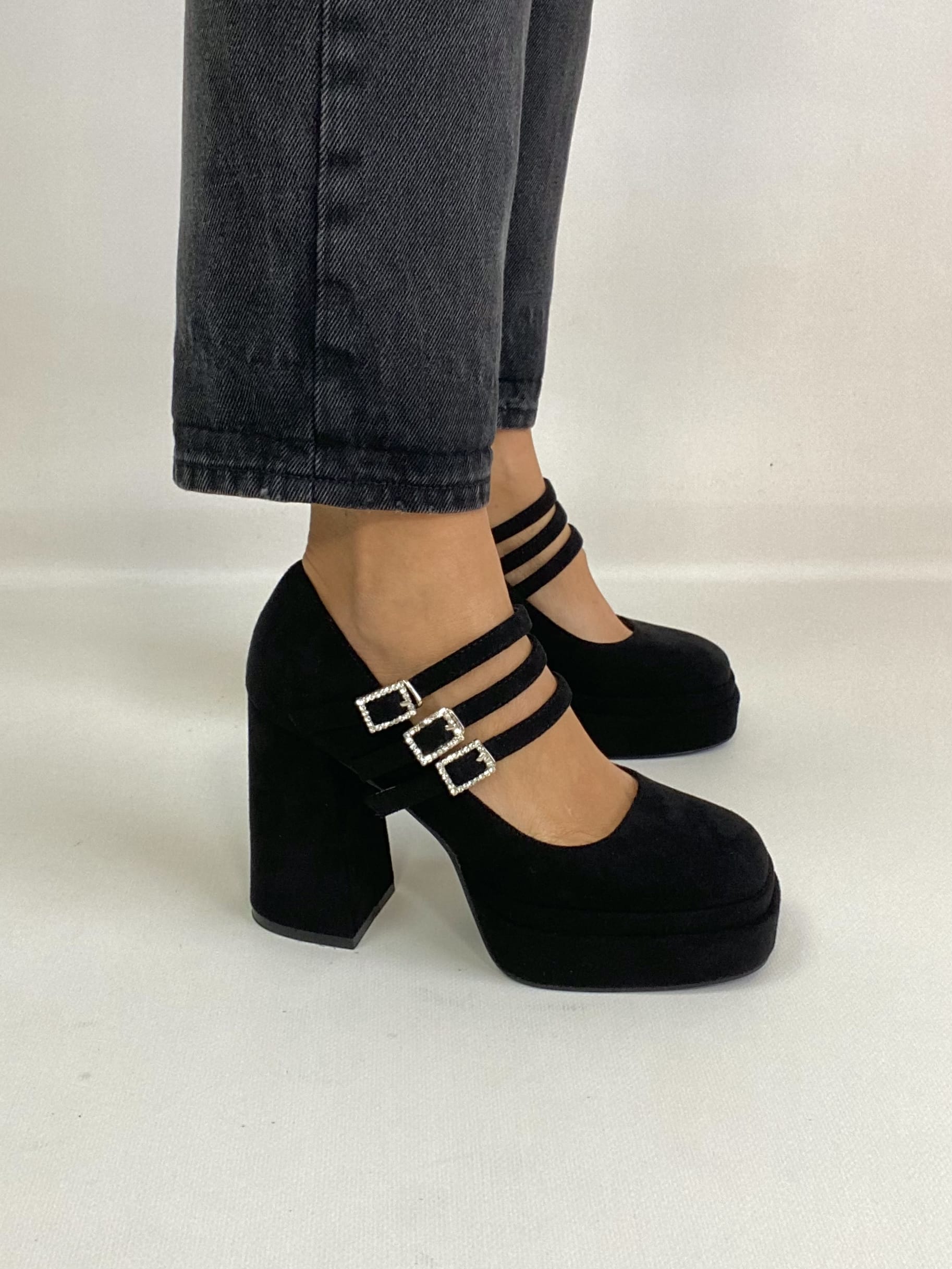Mary Jane Tre Cinturini Strass - Camoscio Nero