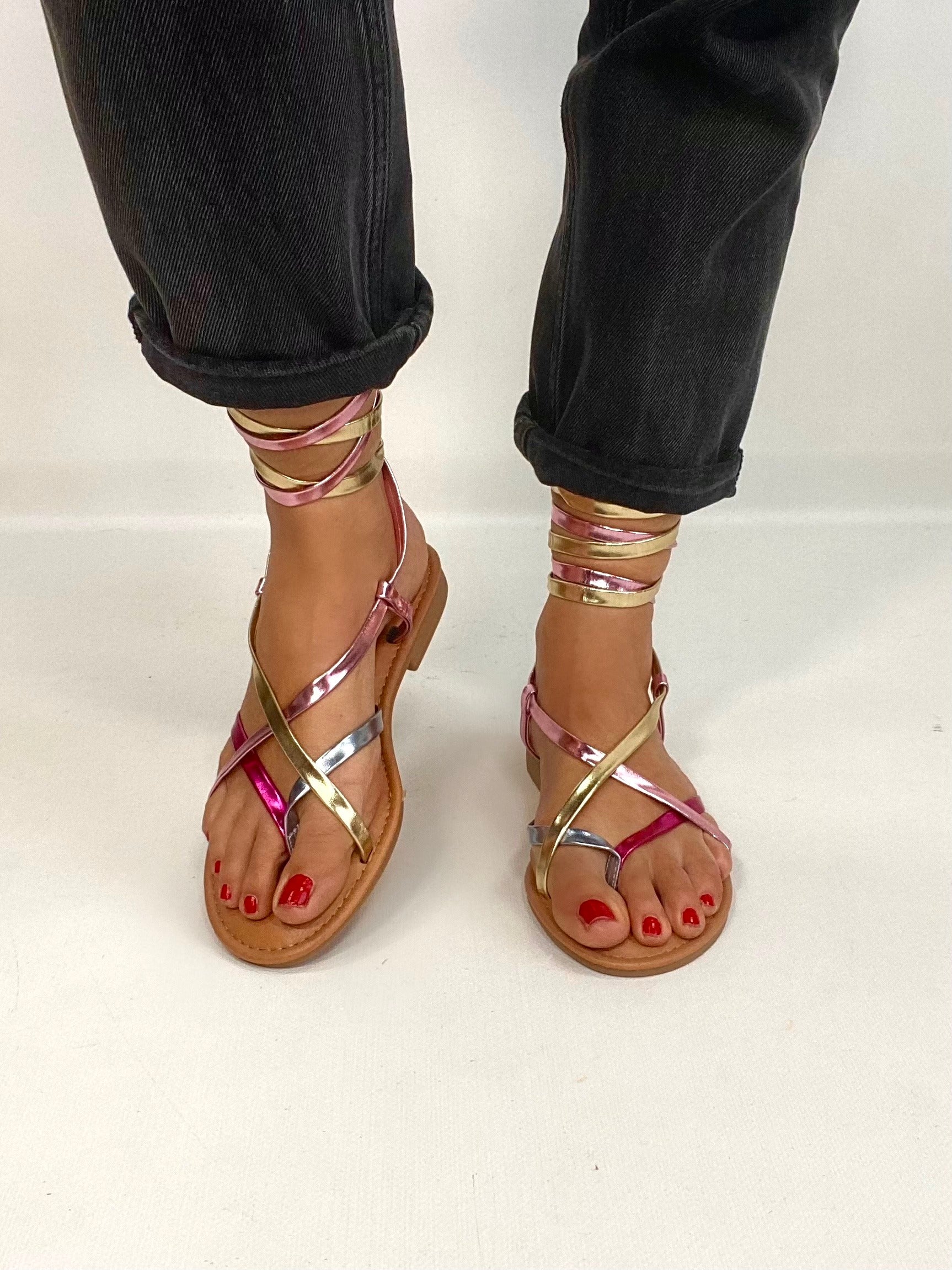 New Sandali Flat Alla Schiava - Multicolor Oro / Fucsia