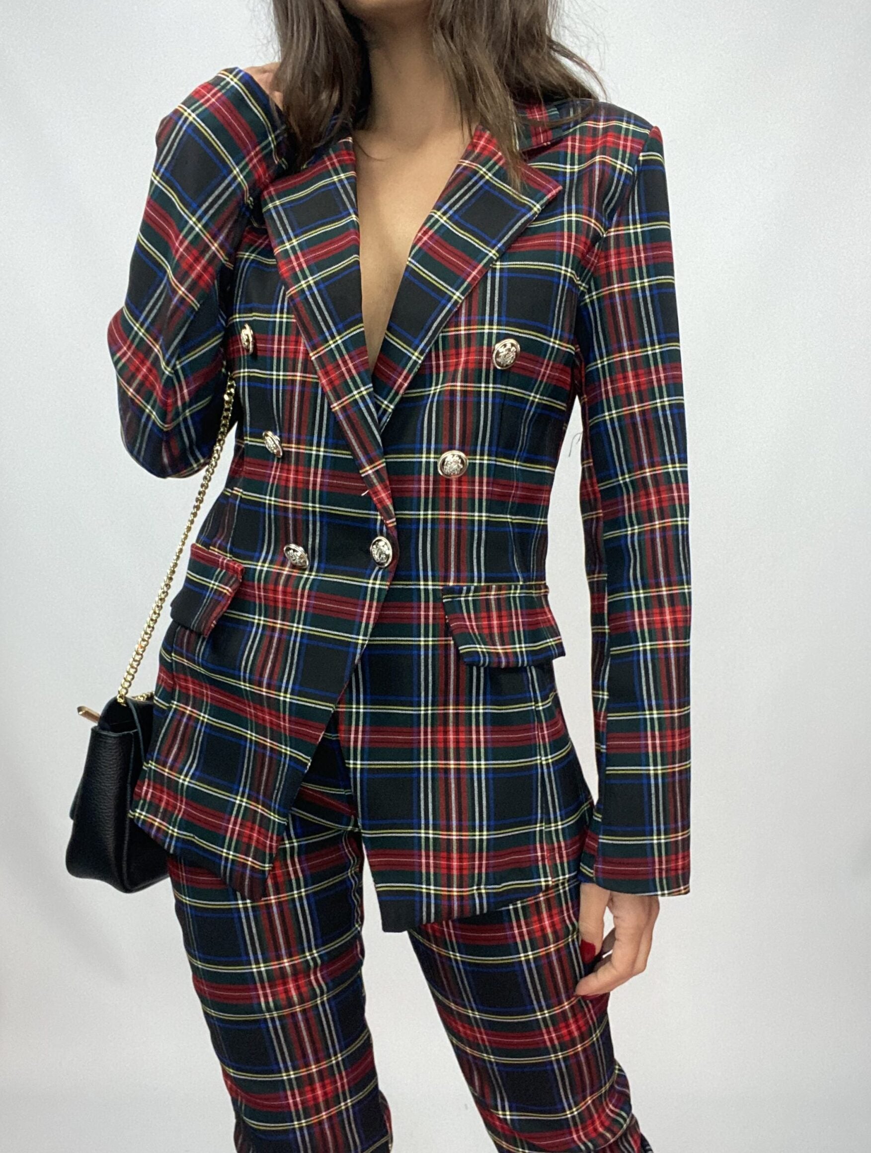 Blazer Tartan Bottoni Gioiello - Nero