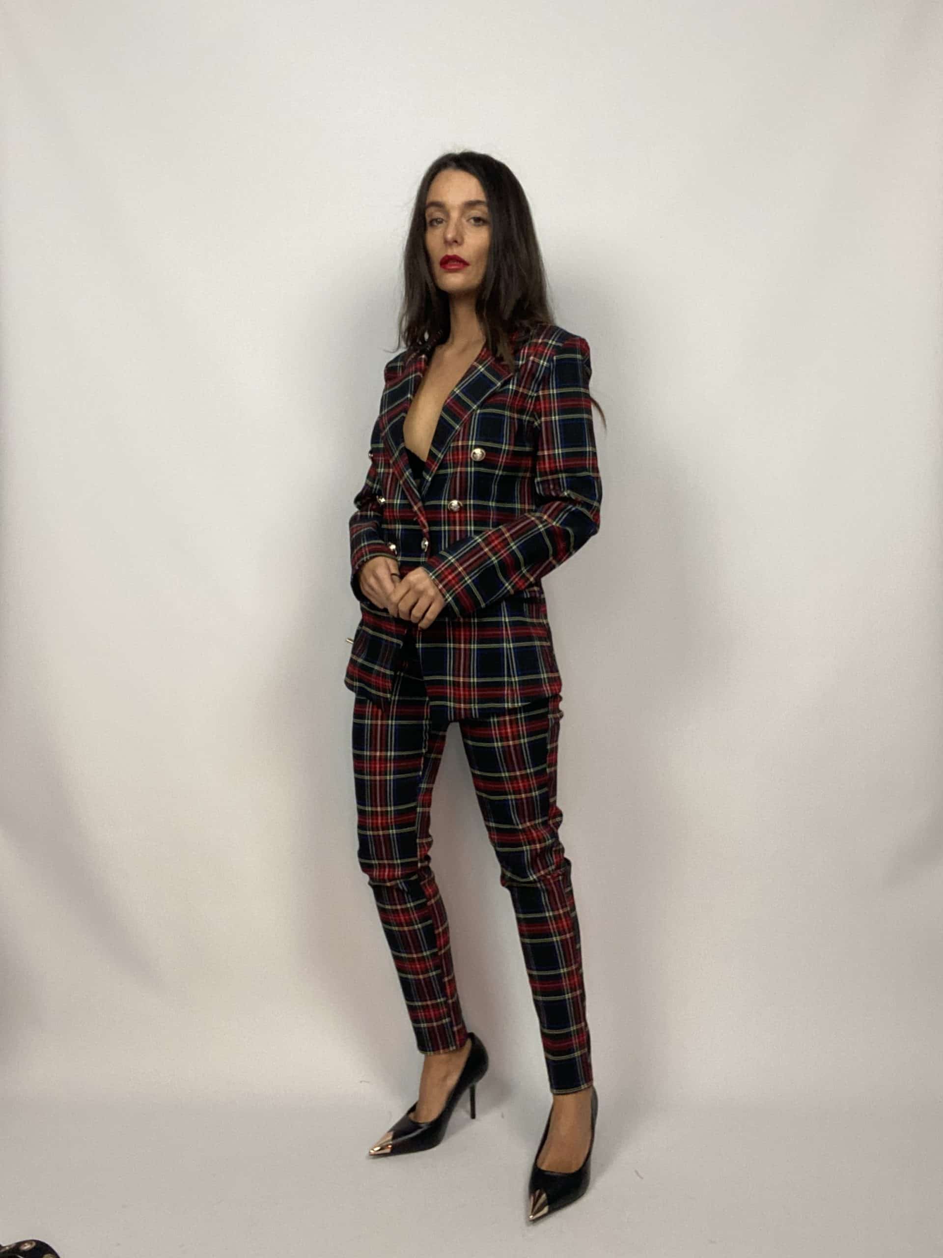 Blazer Tartan Bottoni Gioiello - Nero