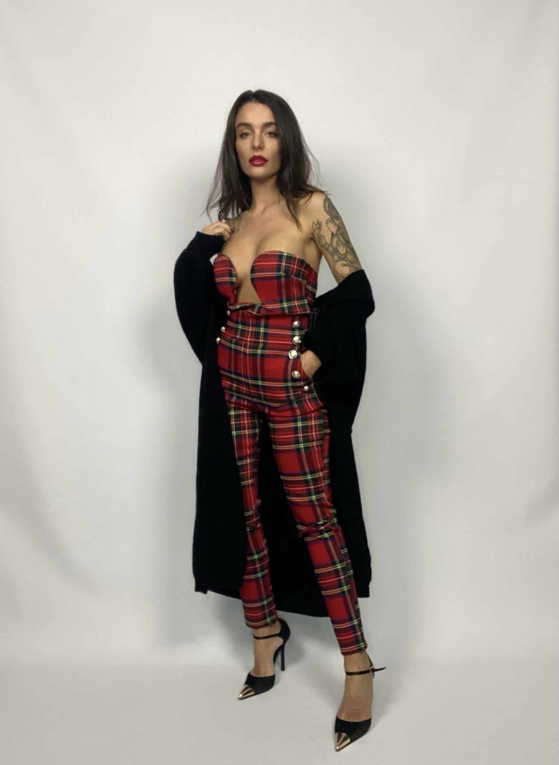 Pantaloni Tartan Bottoni Gioiello - Rosso