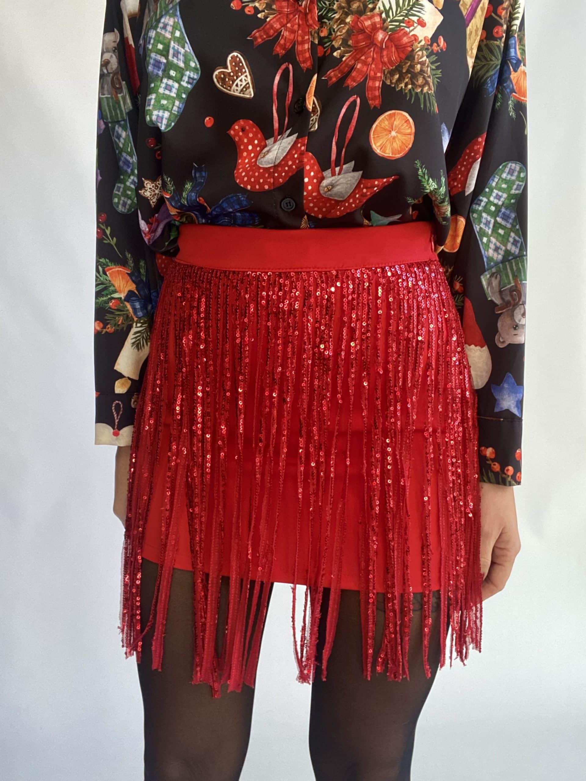 Mini Gonna Frange Paillettes - Rosso