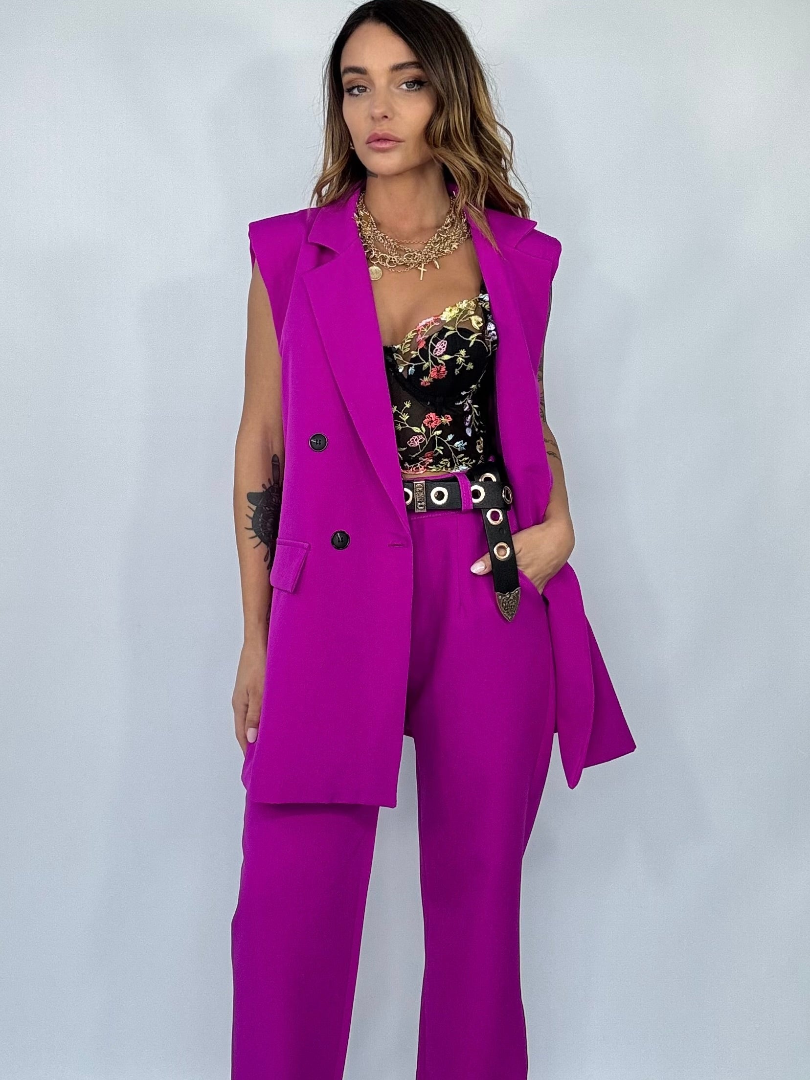 Completo Gilet Over e Pantaloni Pinces- Fucsia