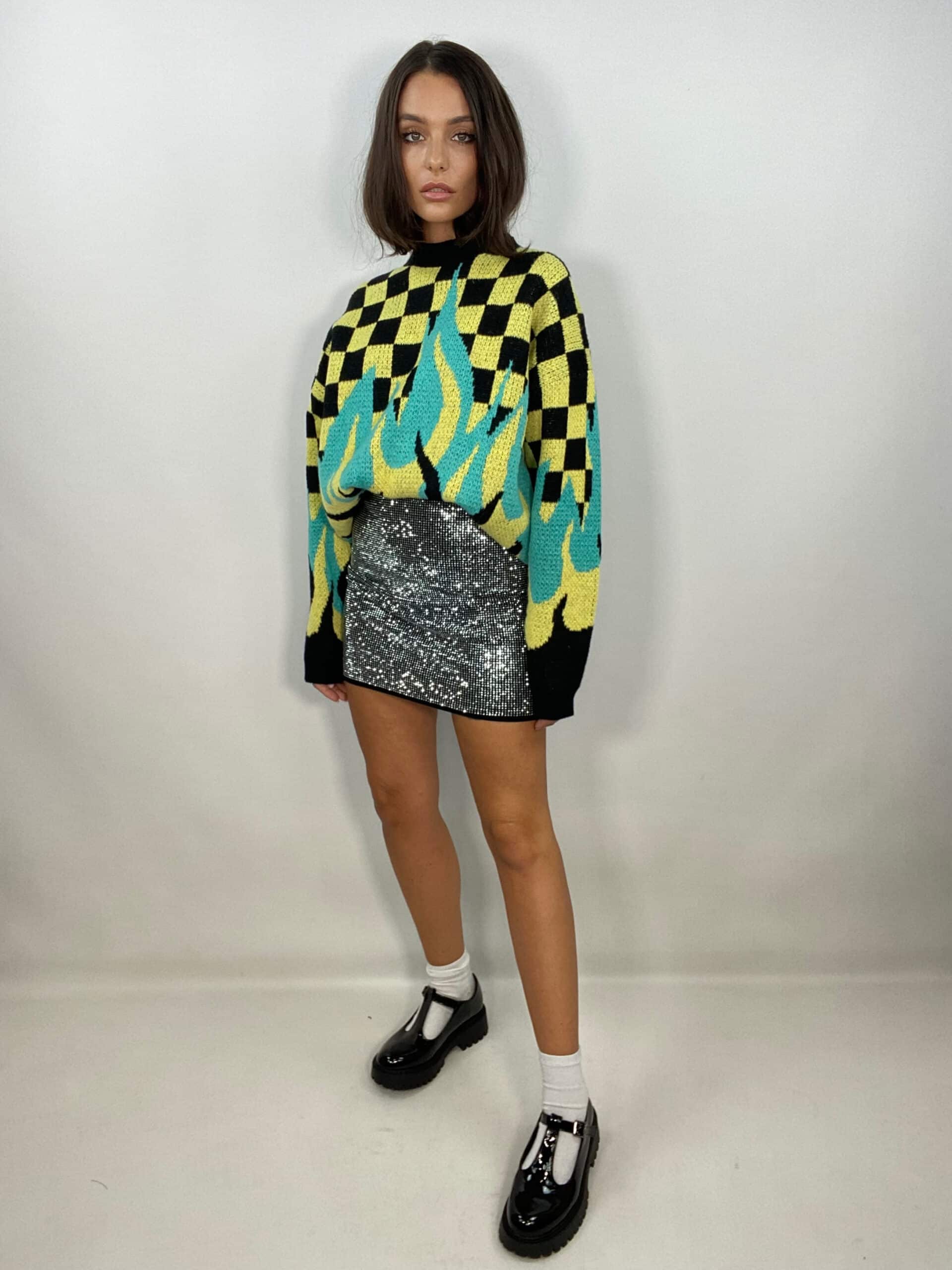 Pullover Con Scacchi e Fiamma - Giallo / Nero