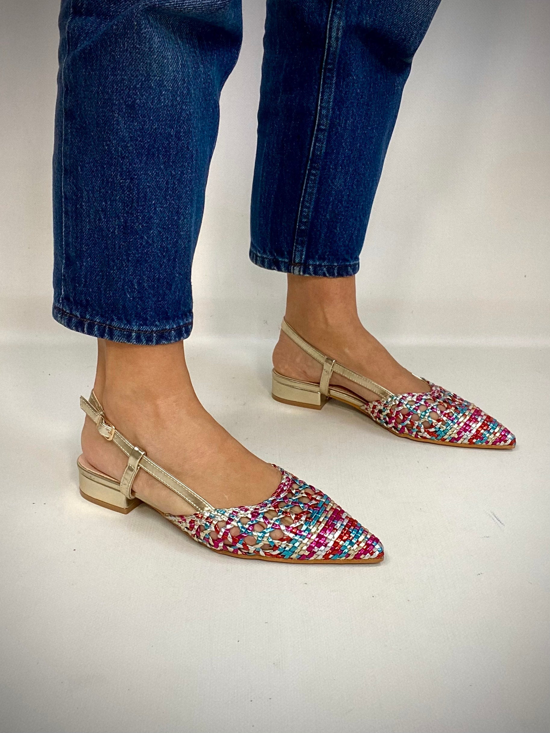 New Slingback Flat Rafia - Multicolor Verde / Fucsia