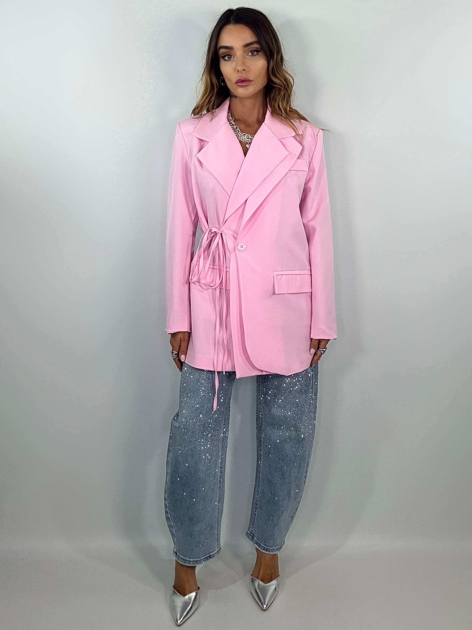 Blazer Over con Doppio Rever e Lacci - Rosa