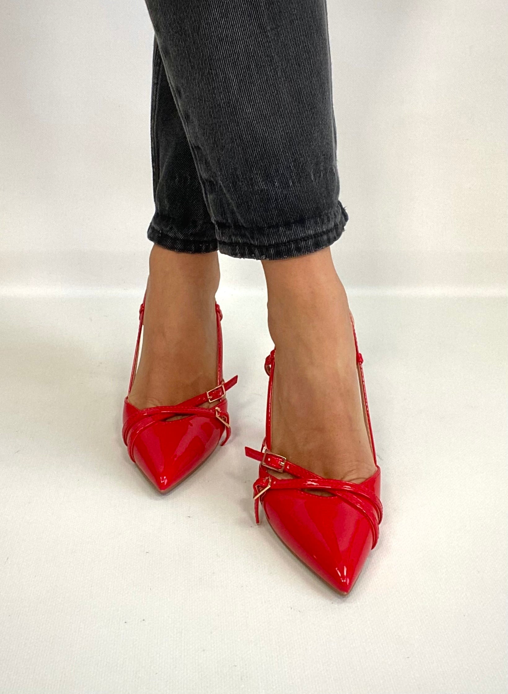 Slingback Fibbiette Tacco Alto - Rosso