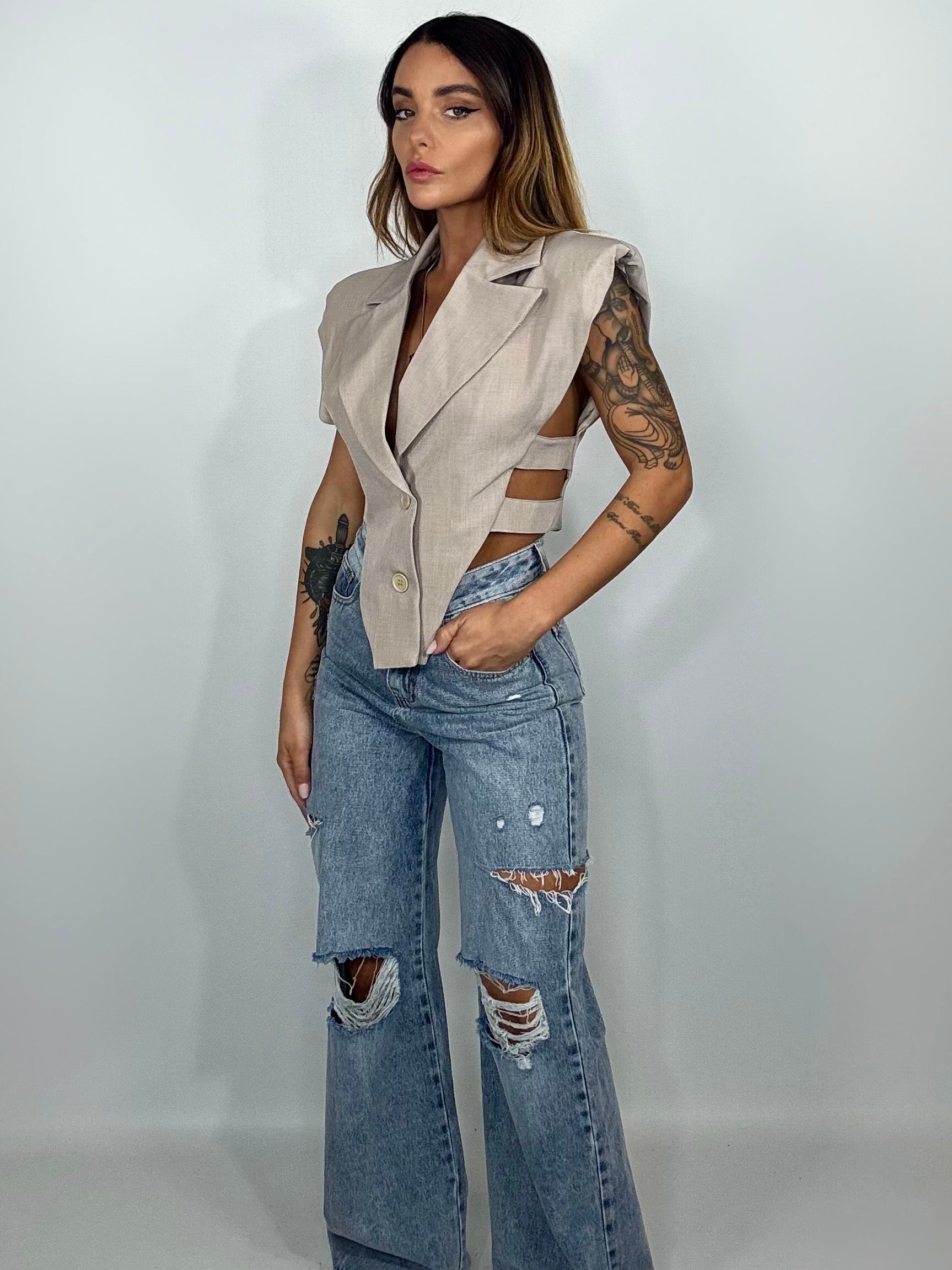 Gilet Crop Spalline e Cut Out - Tortora