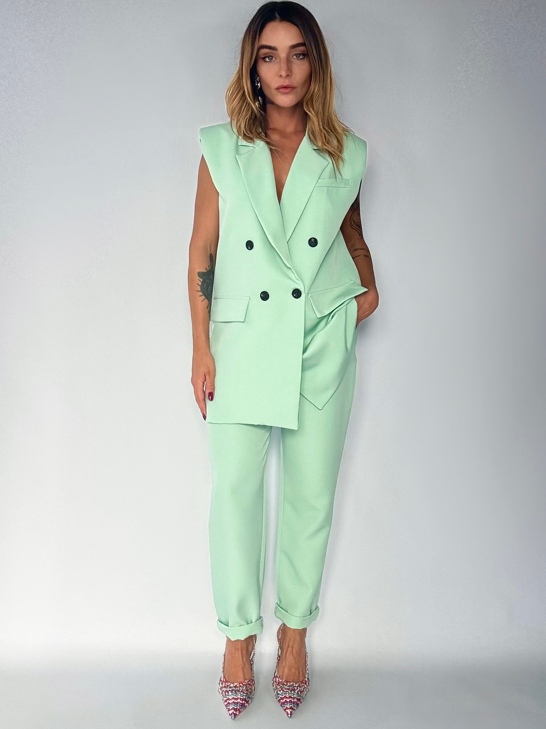 Completo Gilet Over e Pantaloni Pinces - Verde Menta