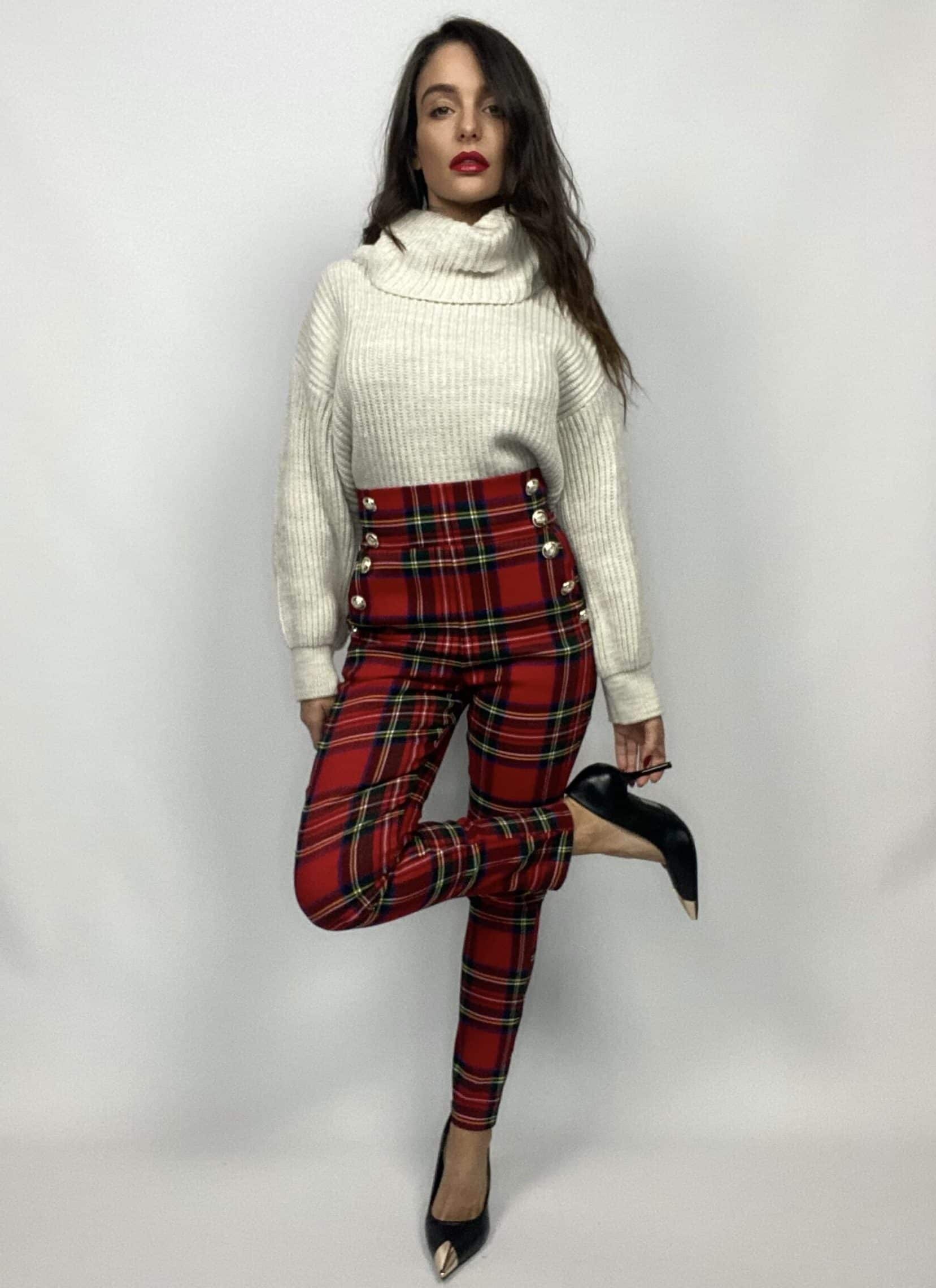 Pantaloni Tartan Bottoni Gioiello - Rosso