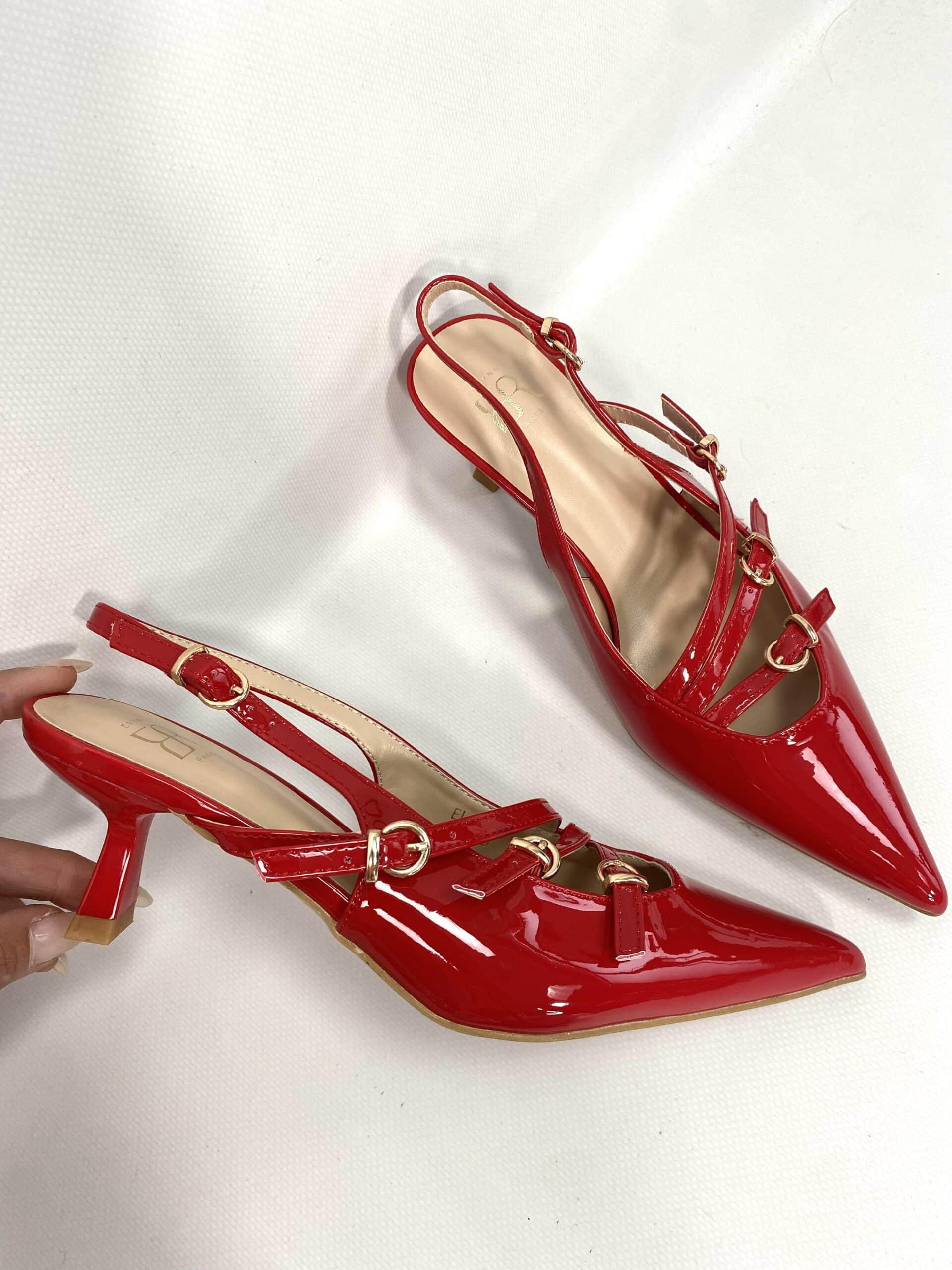 New Slingback con Cinturini e Fibbie Tacco Medio - Rosso Vernice