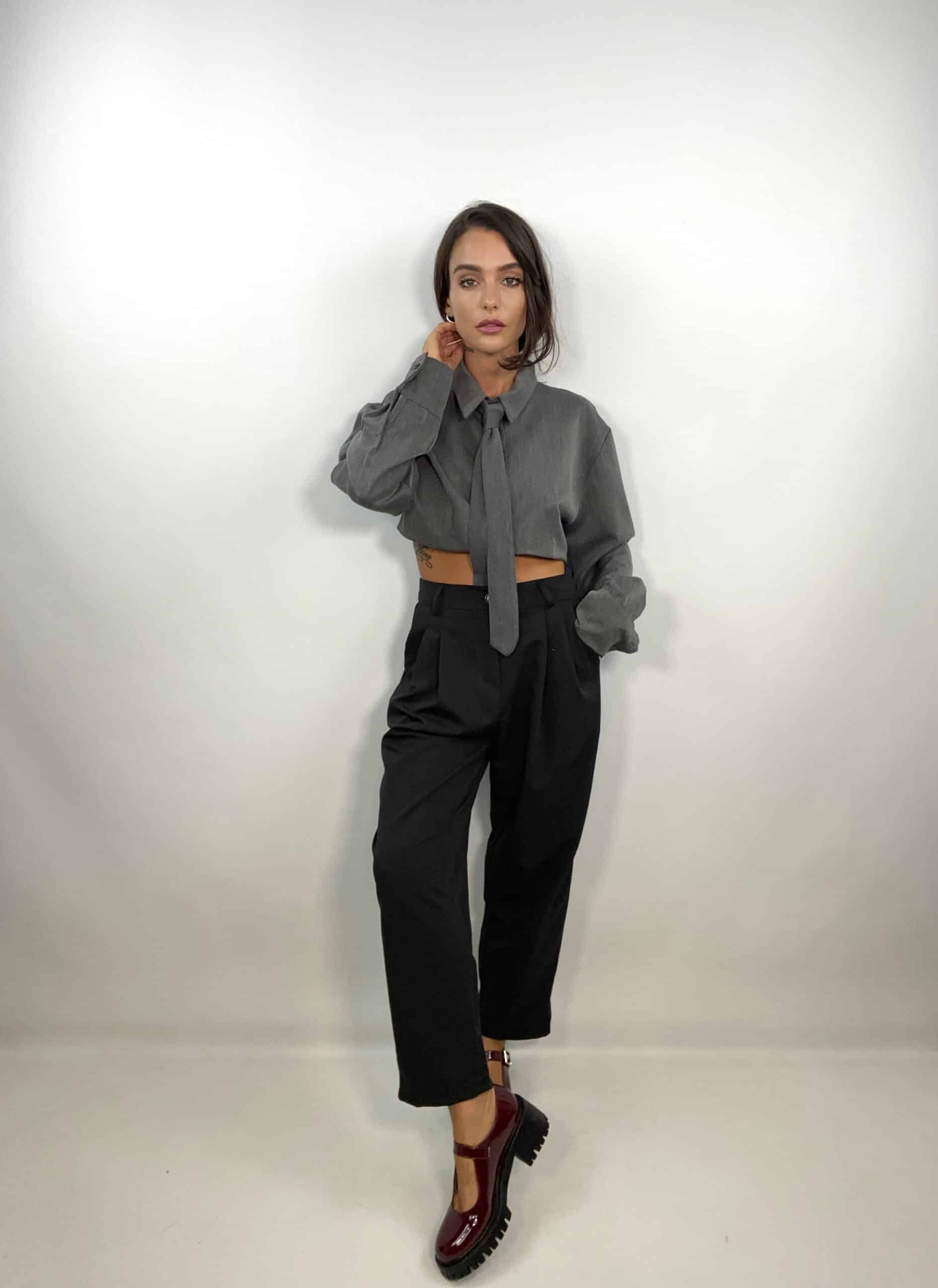 Camicia Crop con Cravatta - Beige