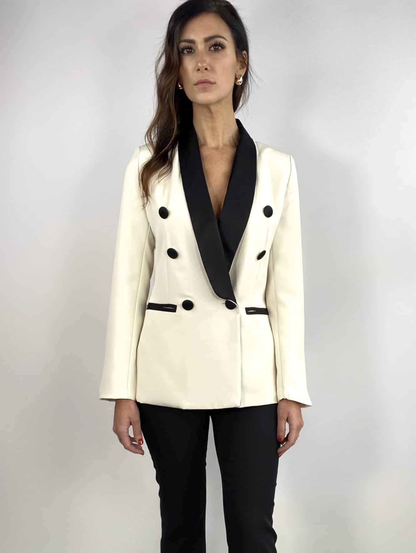 Blazer Revers in Raso - Bianco / Nero