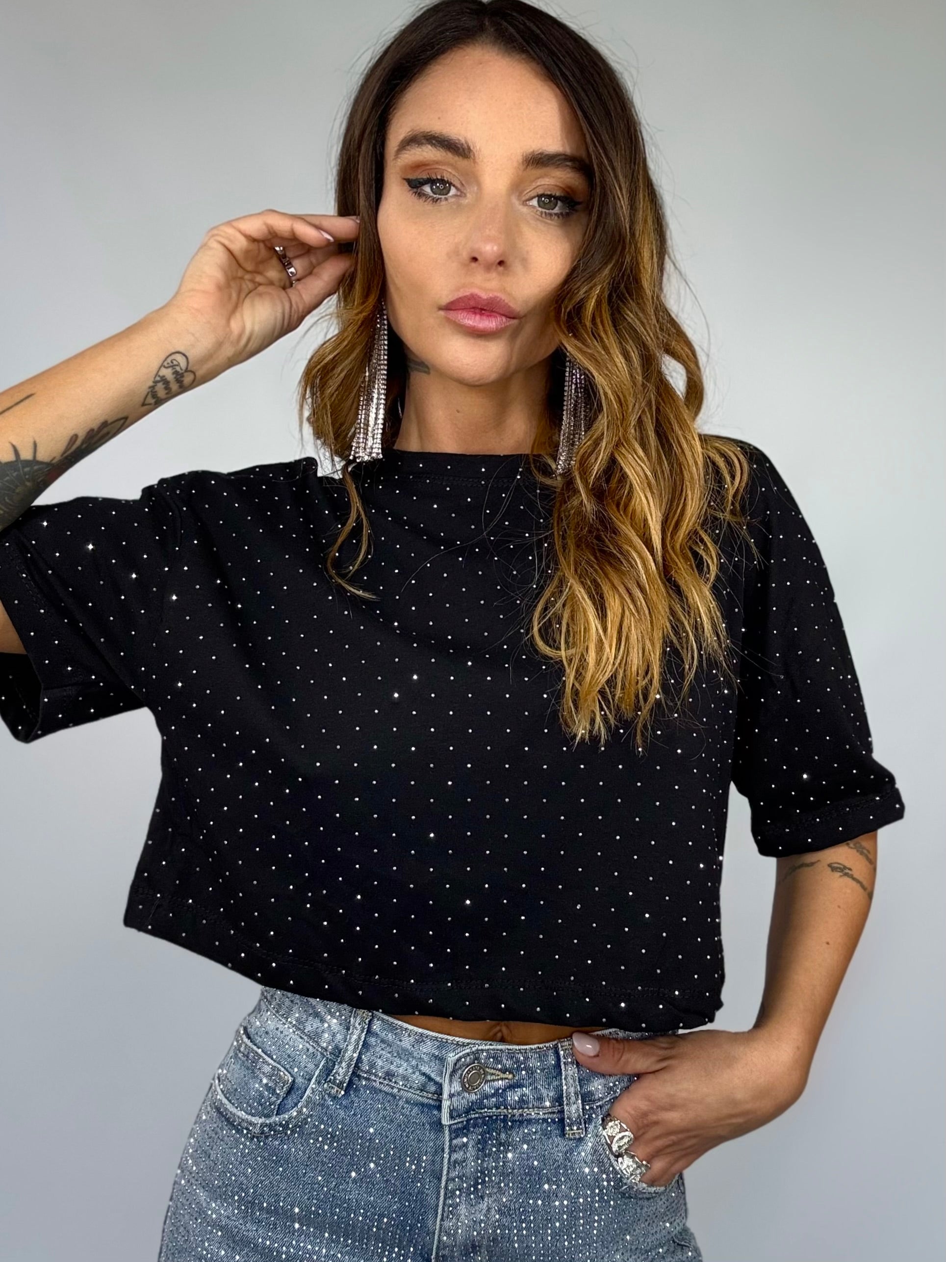 T-shirt Crop Strass - Nero
