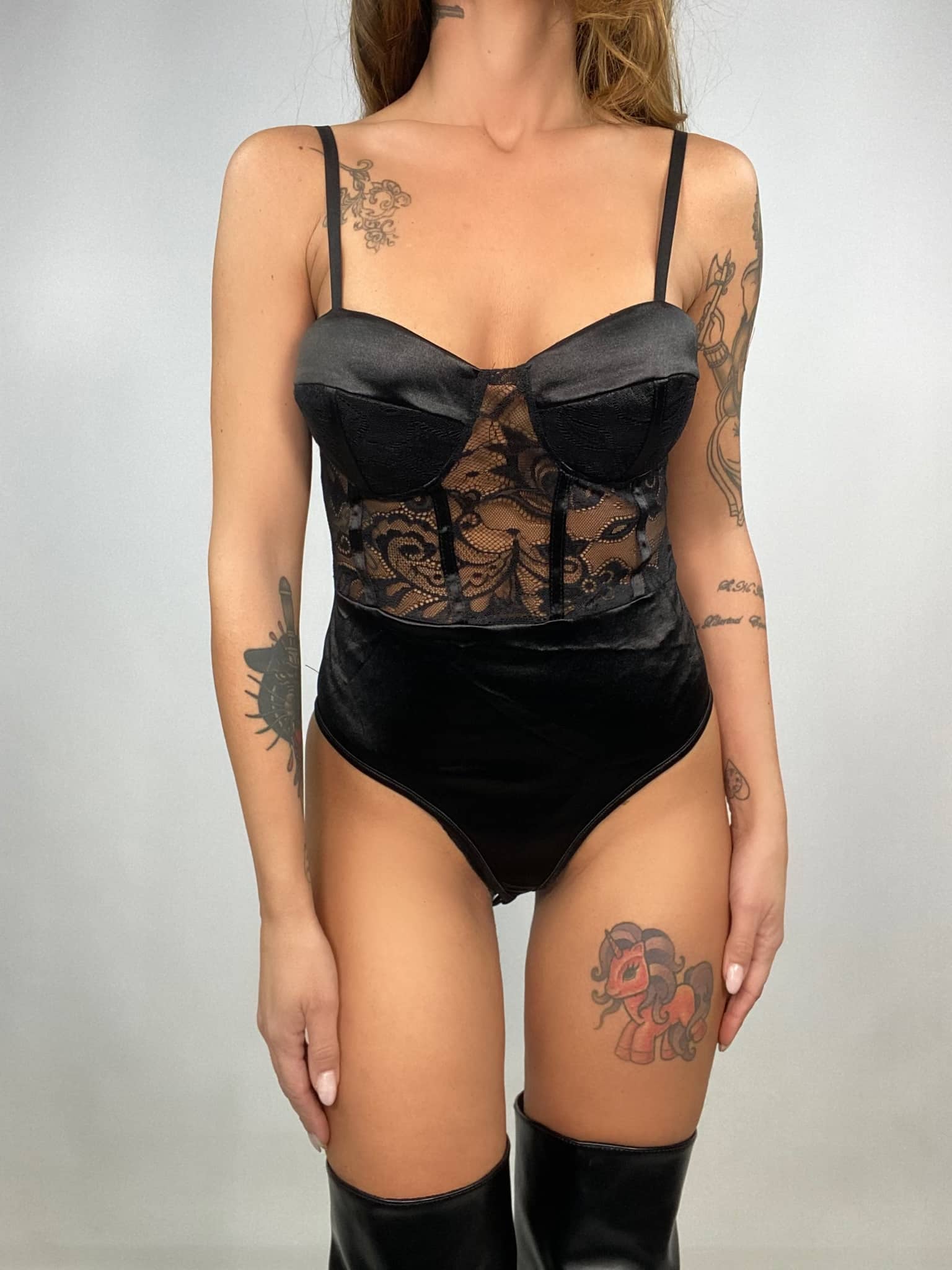 Body Raso con Inserti in Pizzo - Nero