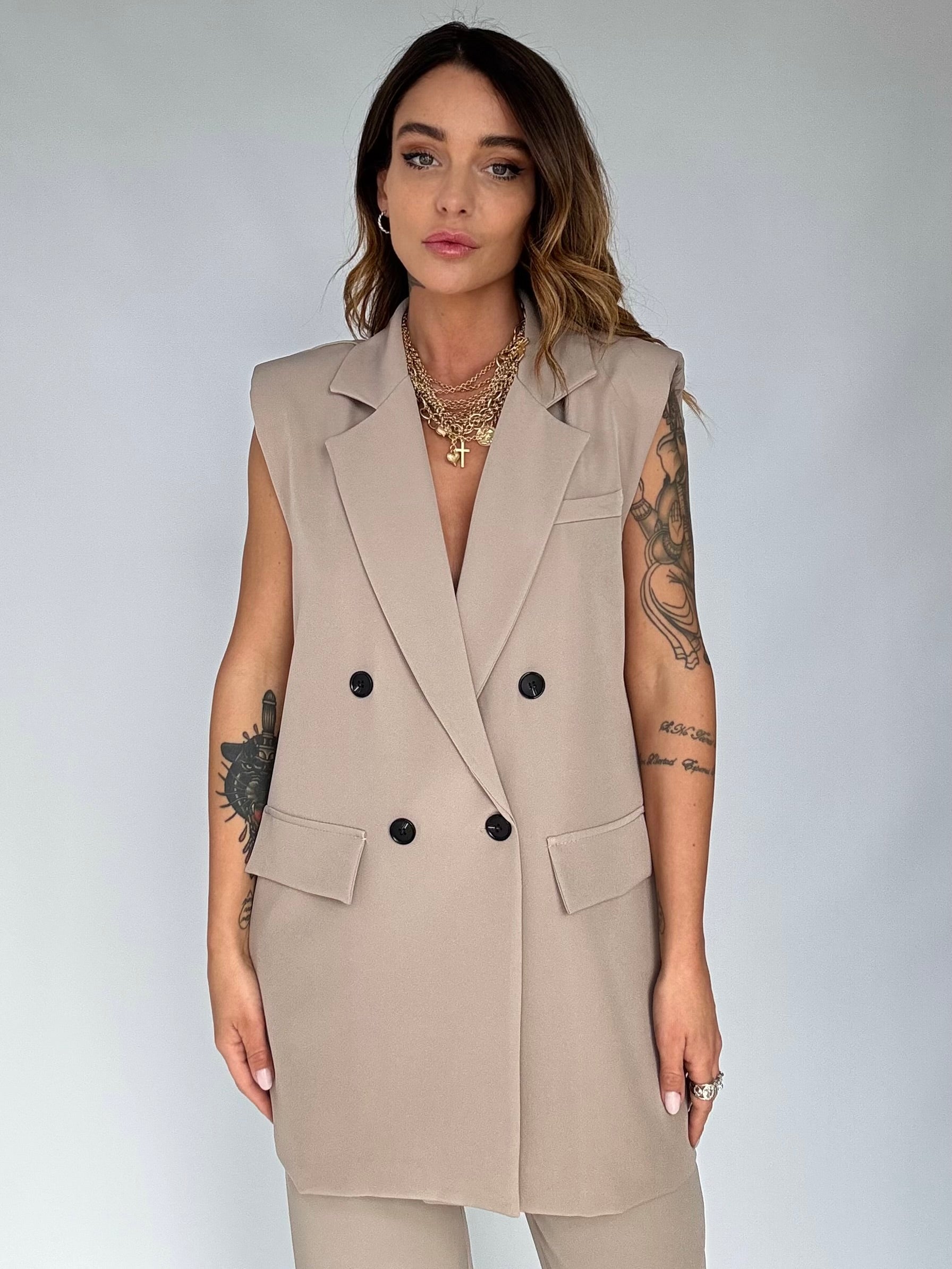 Completo Gilet Over e Pantaloni Pinces - Tortora