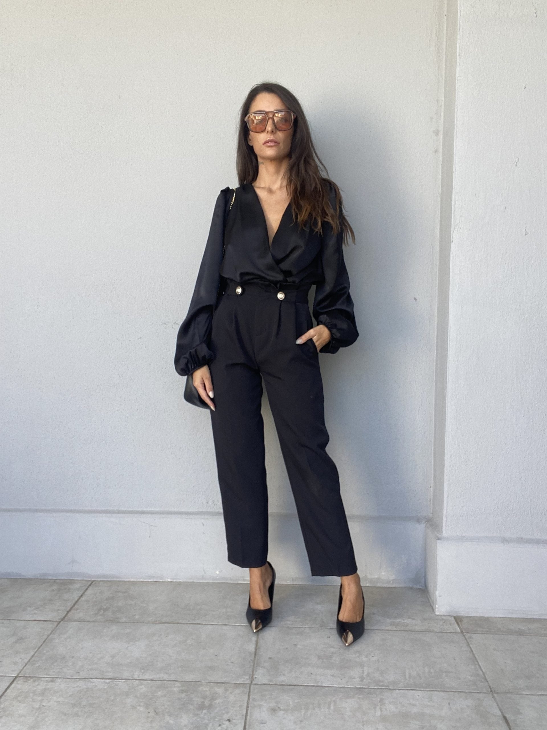 Pantaloni Pinces Bottoni Gioiello - Nero