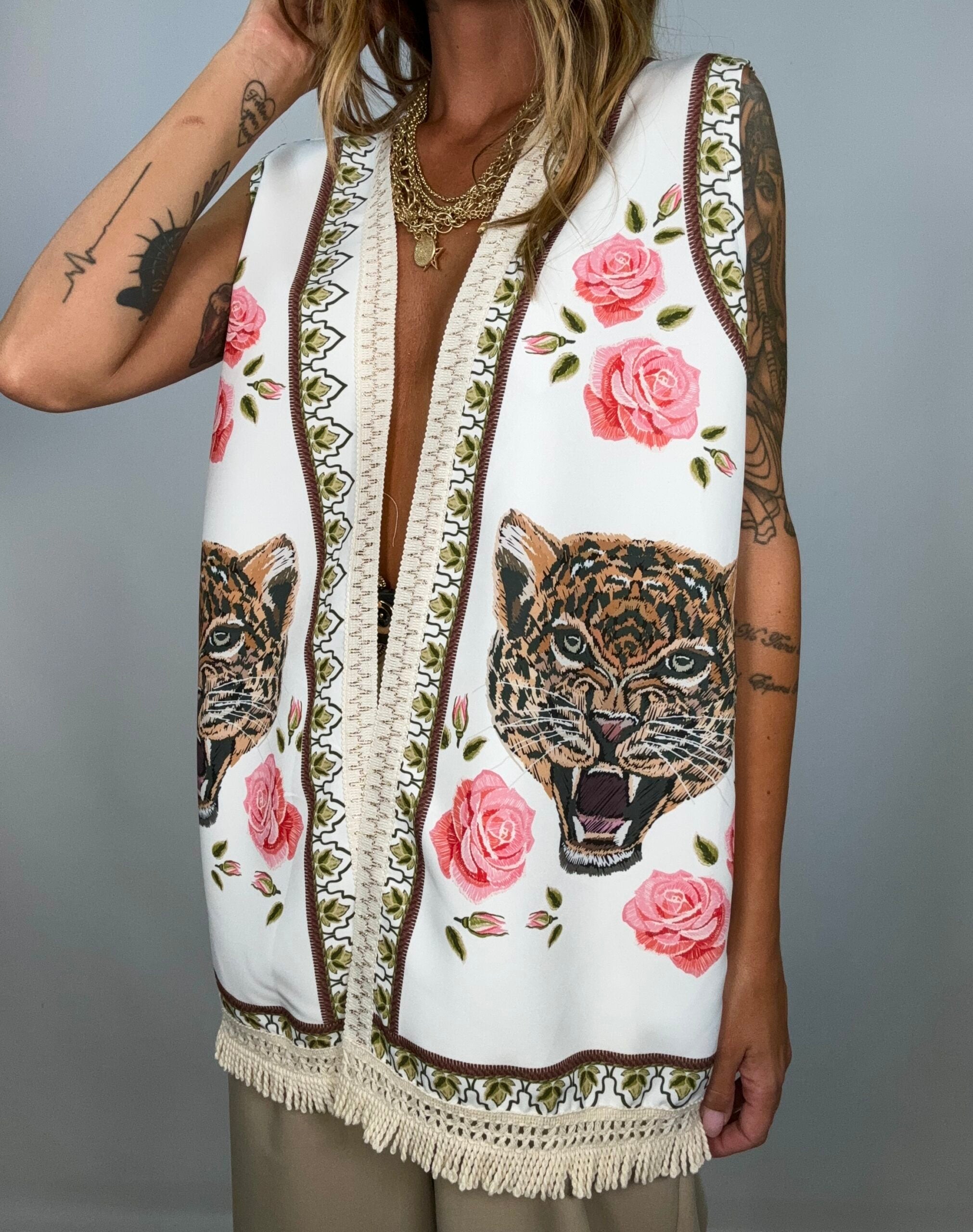 Gilet Over Stampa Leopardo con Frange