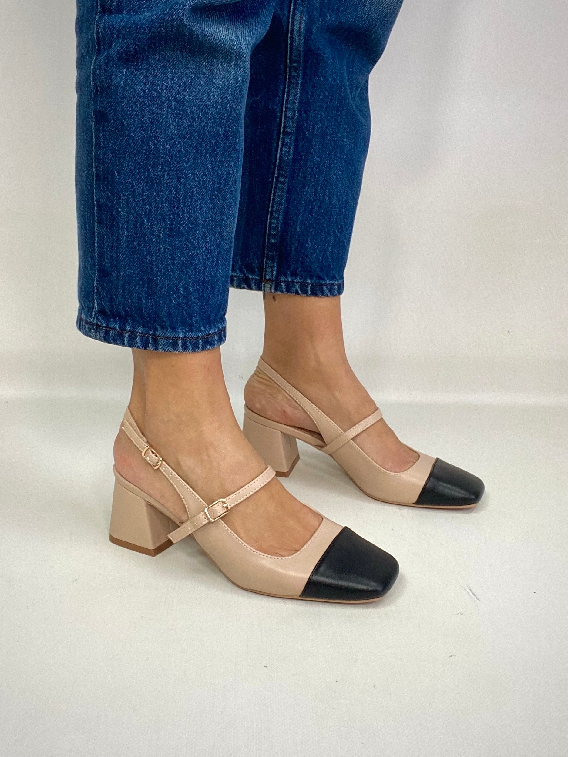 Mary Jane Medium Heels  - Bicolor Nude / Nero