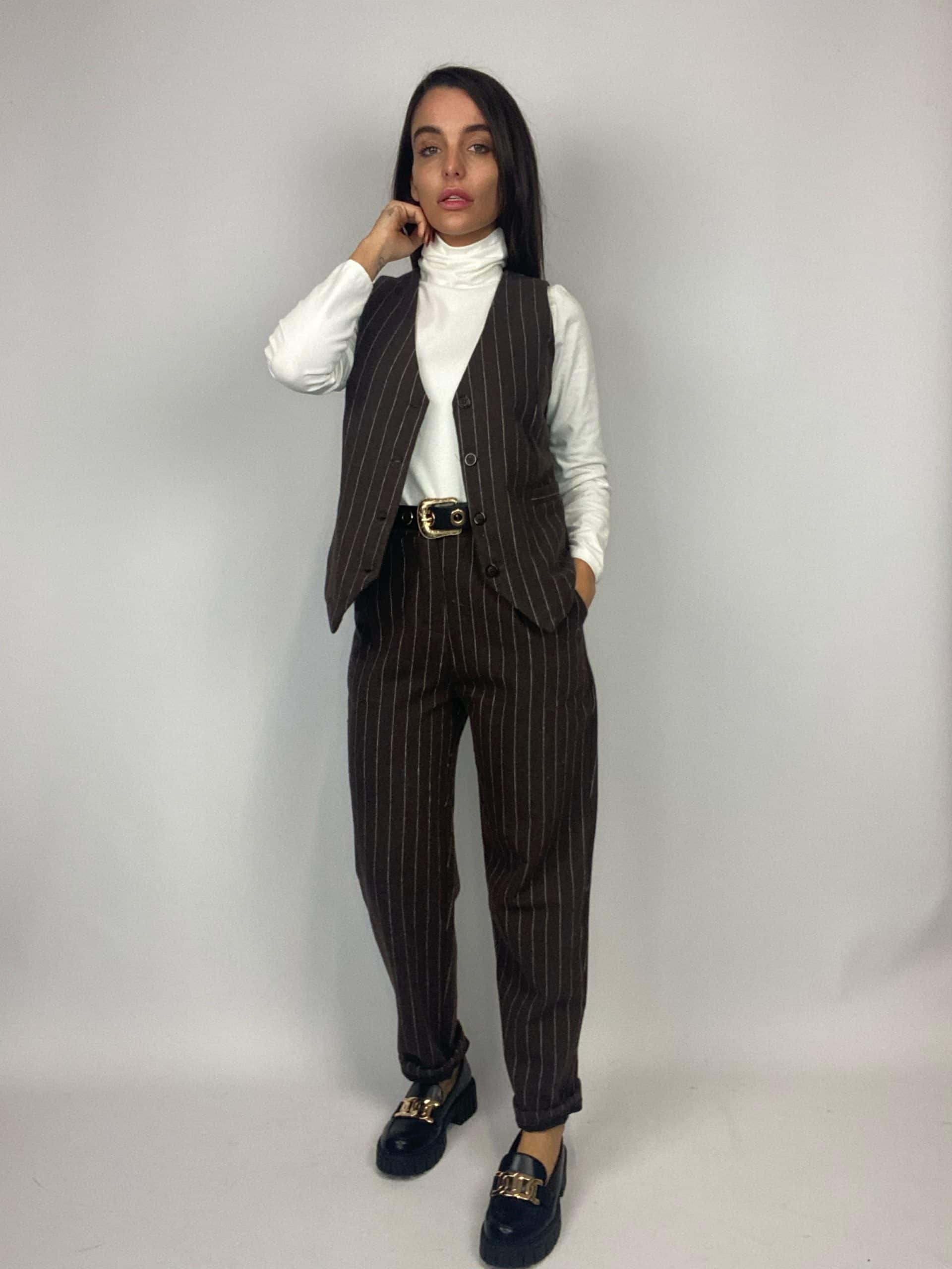 Gilet Completo Gessato Flanella - Marrone