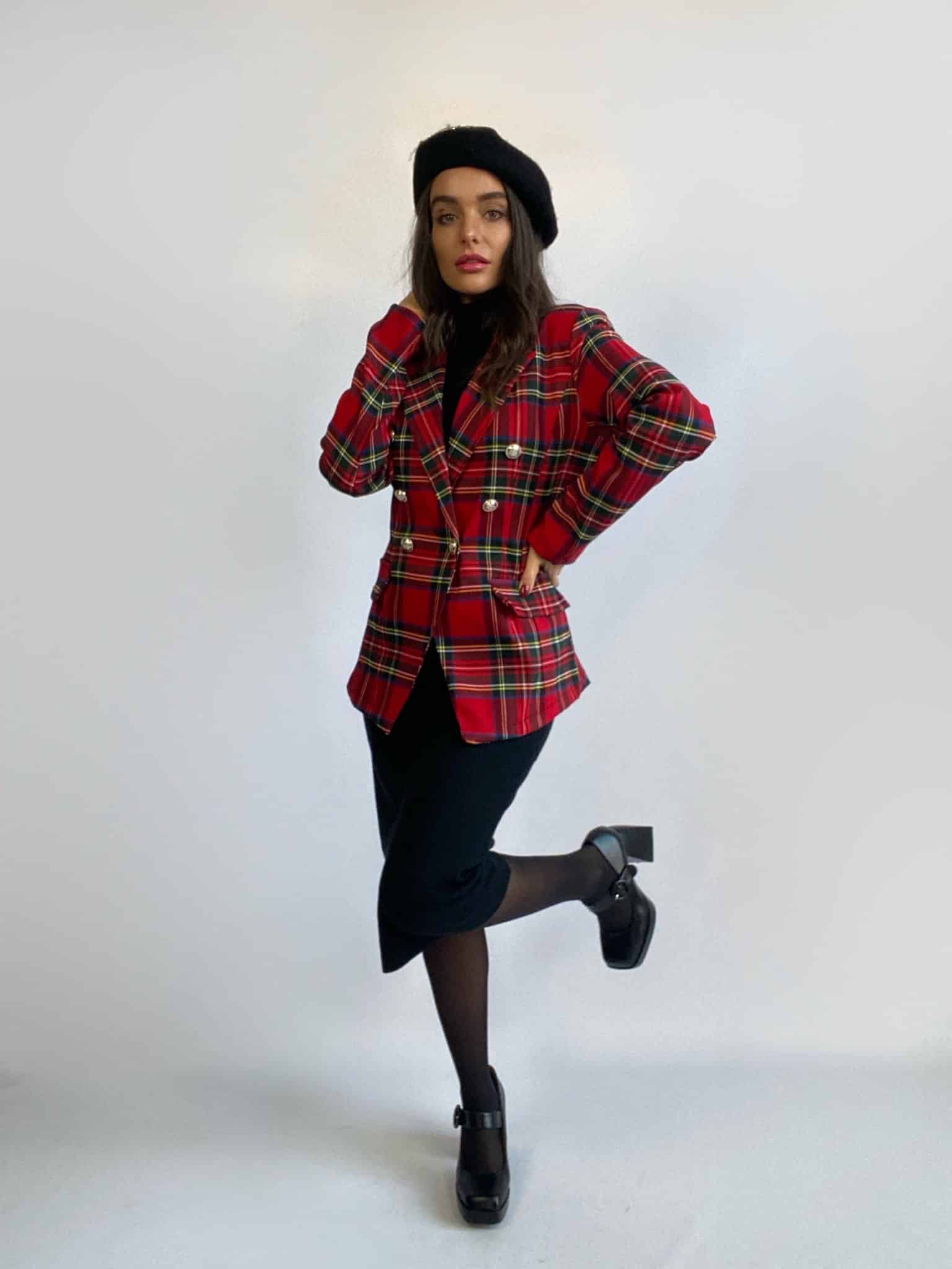 Blazer Tartan Bottoni Gioiello - Rosso