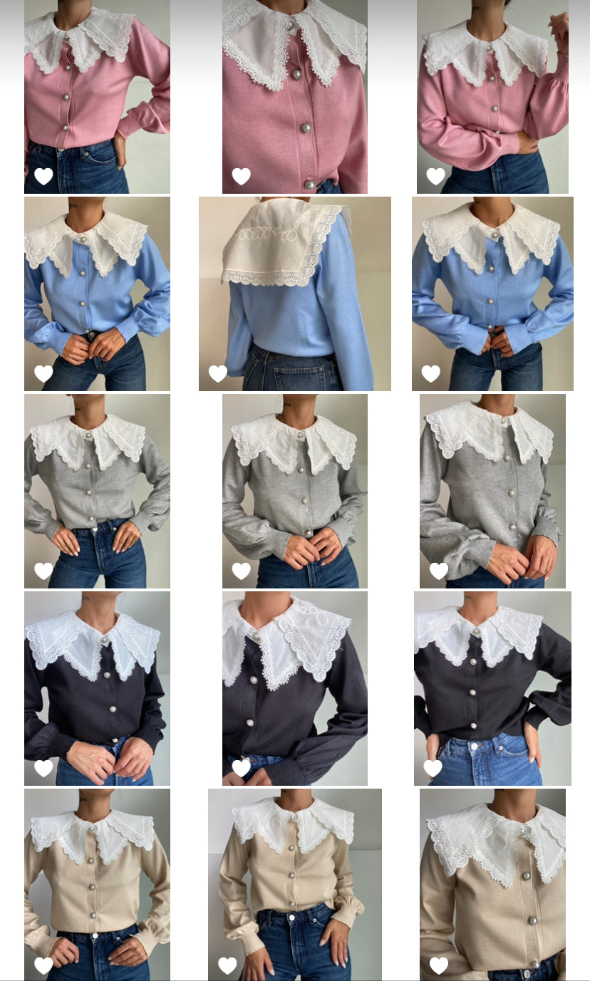 Cardigan Colletto Pizzo Bottoni Gioiello- Grigio